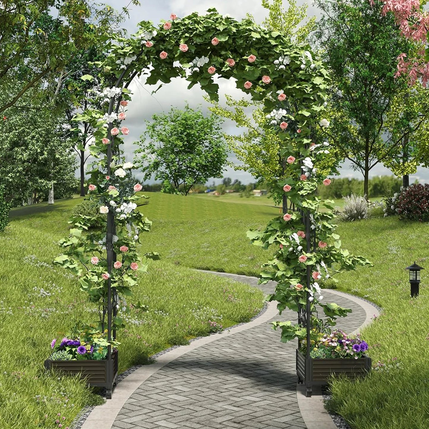 Raised Garden Bed With Trellis Arch For Flowers And Vines