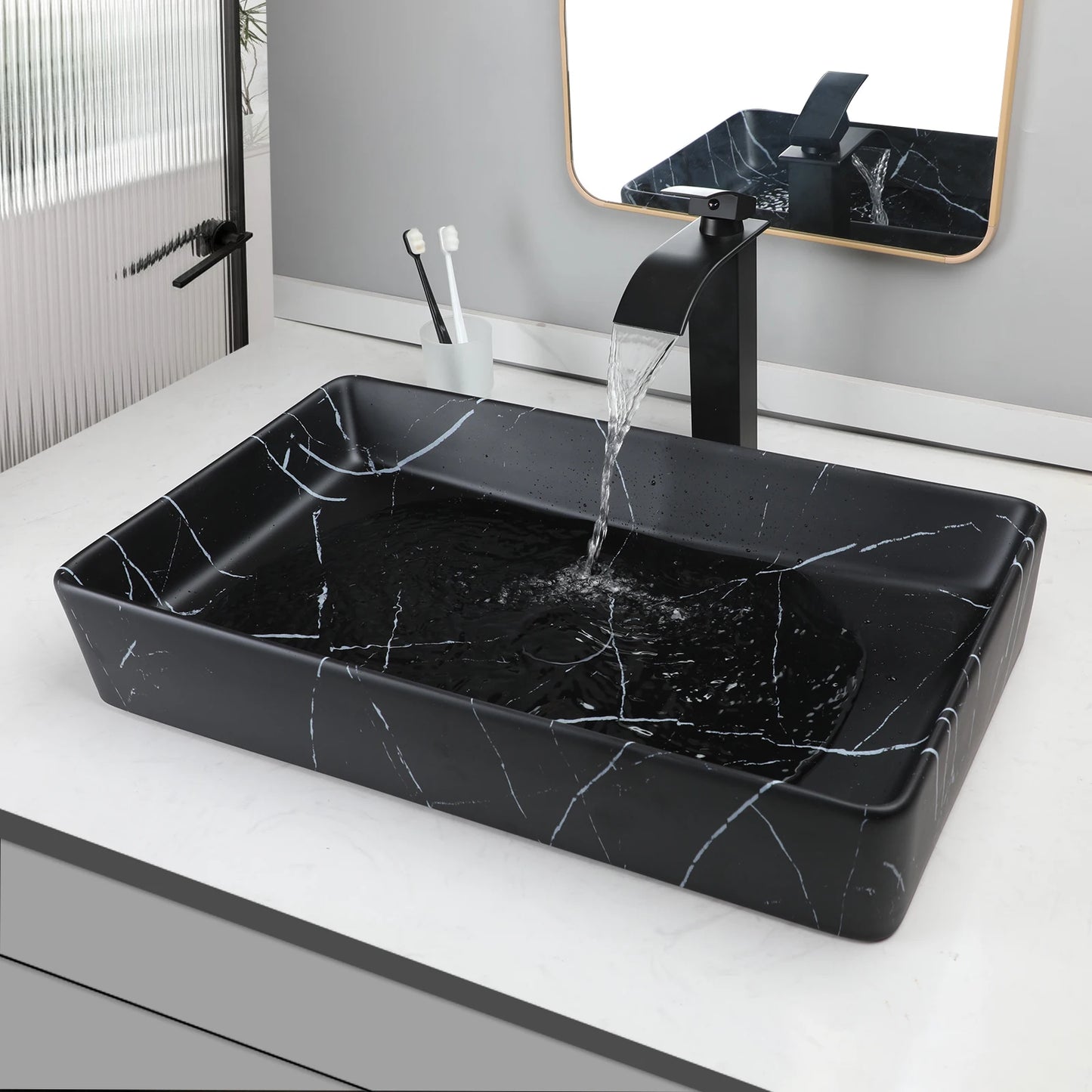 KEMAIDI Rectangular Ceramic Bathroom Vessel Sink With Faucet Set