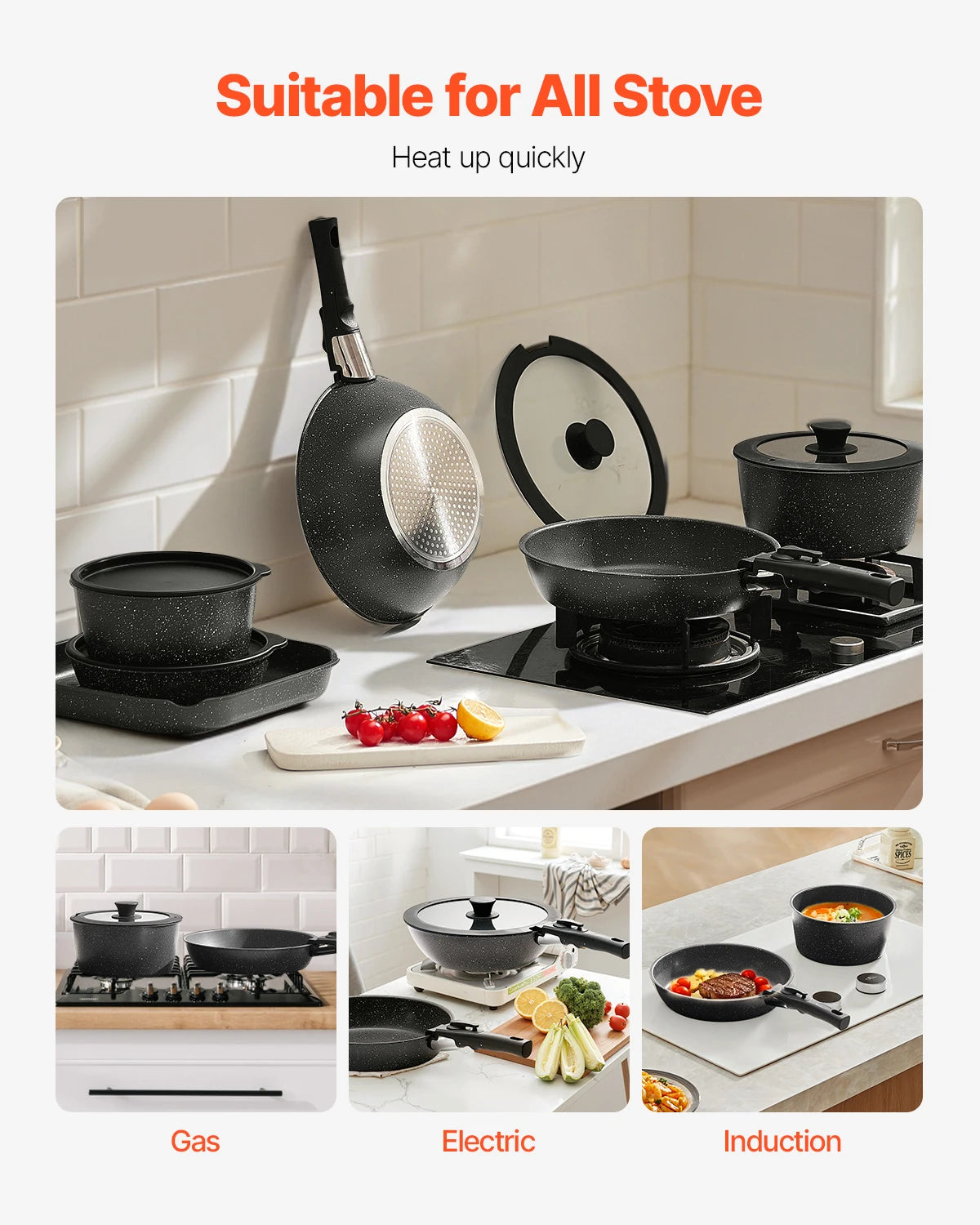 SucceBuy 17 Piece Nonstick Granite Cookware Set Induction Compatible
