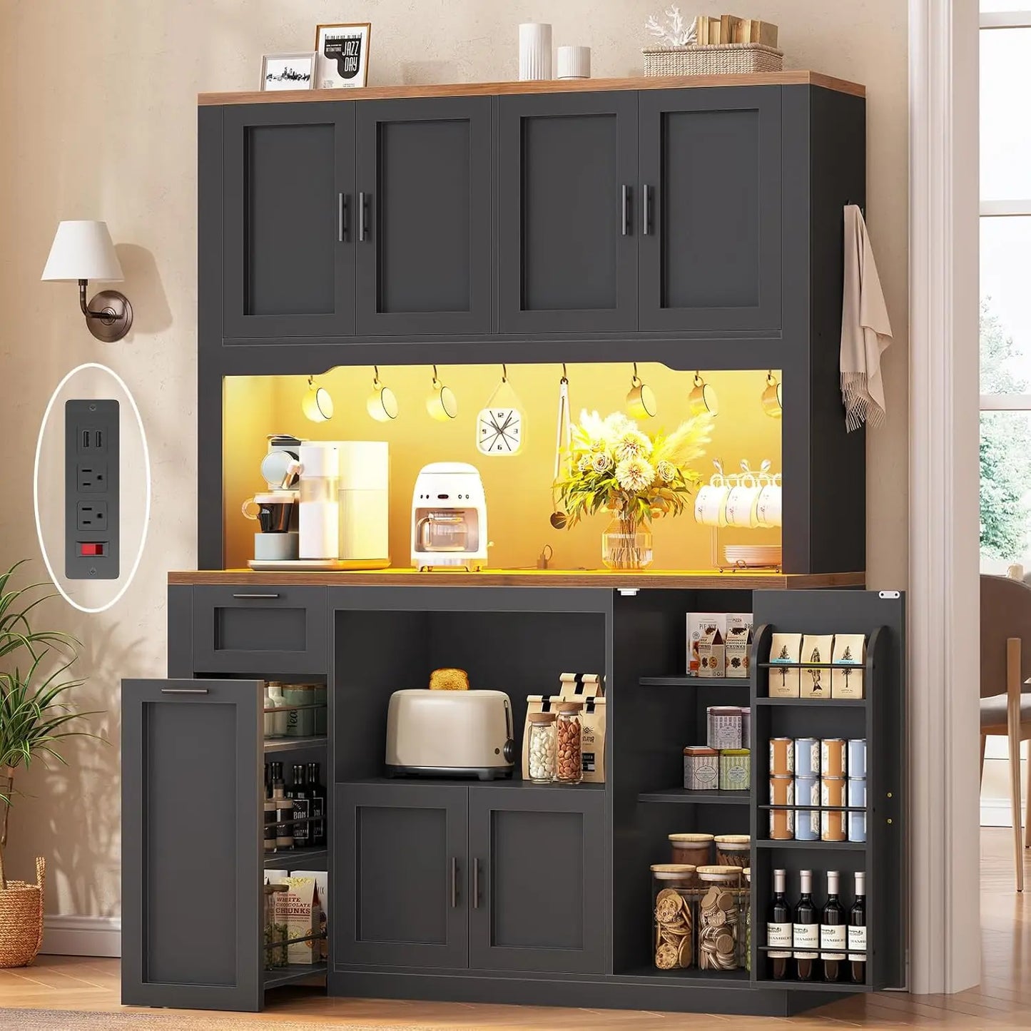 Pantry Cabinet With Charging Station And LED Light Microwave Stand