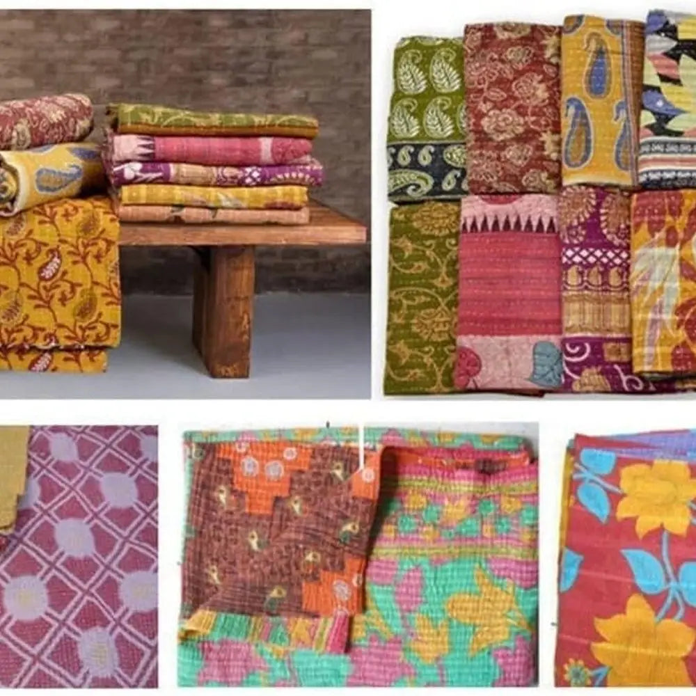 Vintage Kantha Quilts Handmade From Old Saree Boho Cotton Blanket