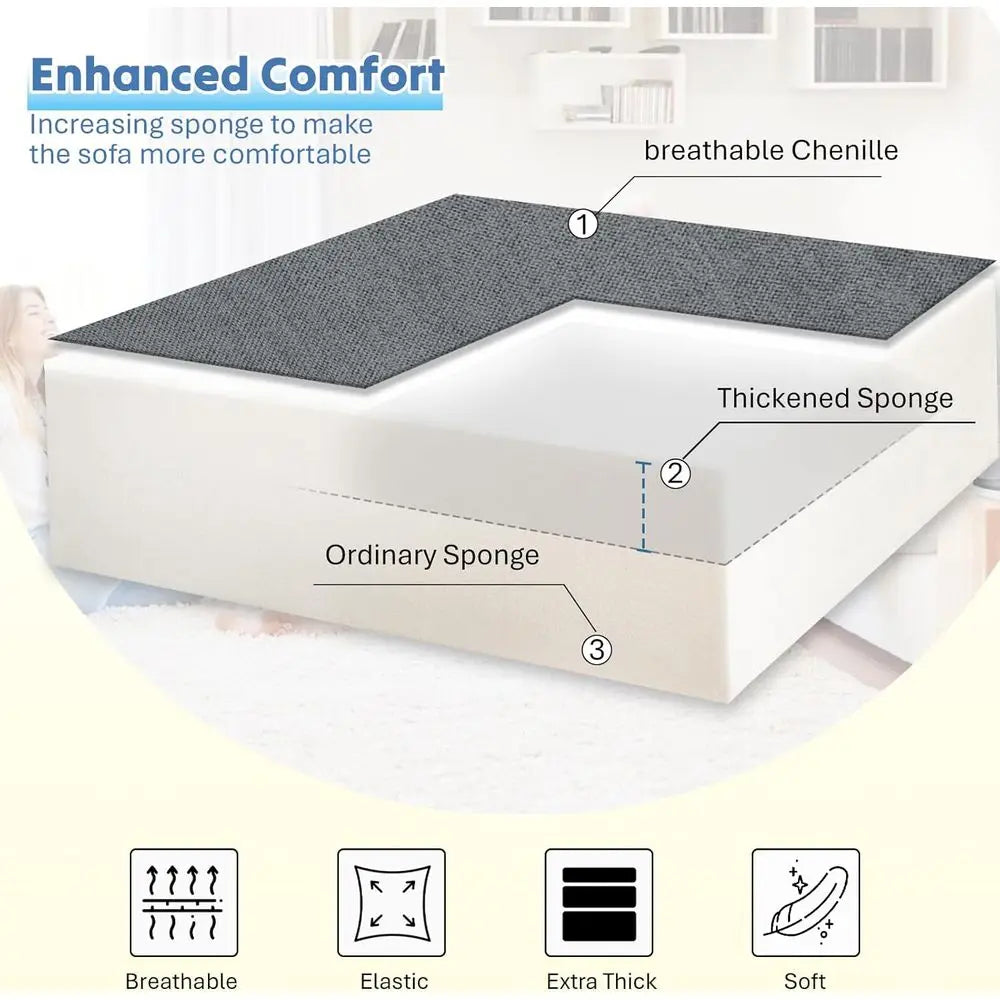 Chenille Reversible Sectional Sofa With Pull Out Bed And USB