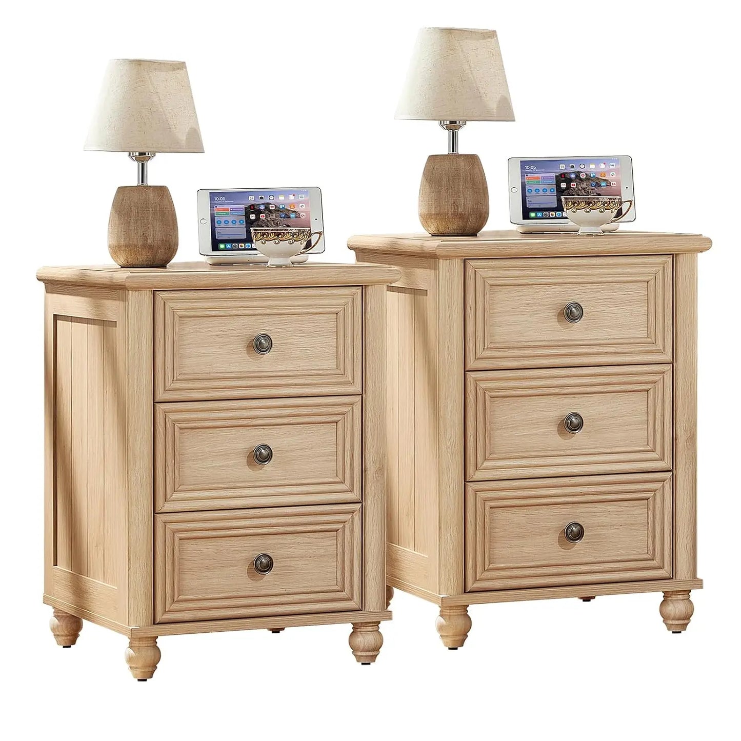 Walnut Farmhouse Nightstands With 3 Drawers Bedside Tables