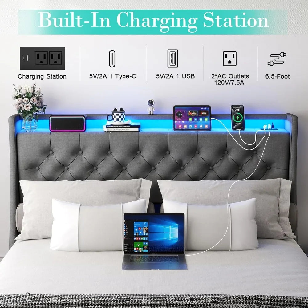 Bed Frame With Storage Drawers And Led Lights Upholstered Headboard