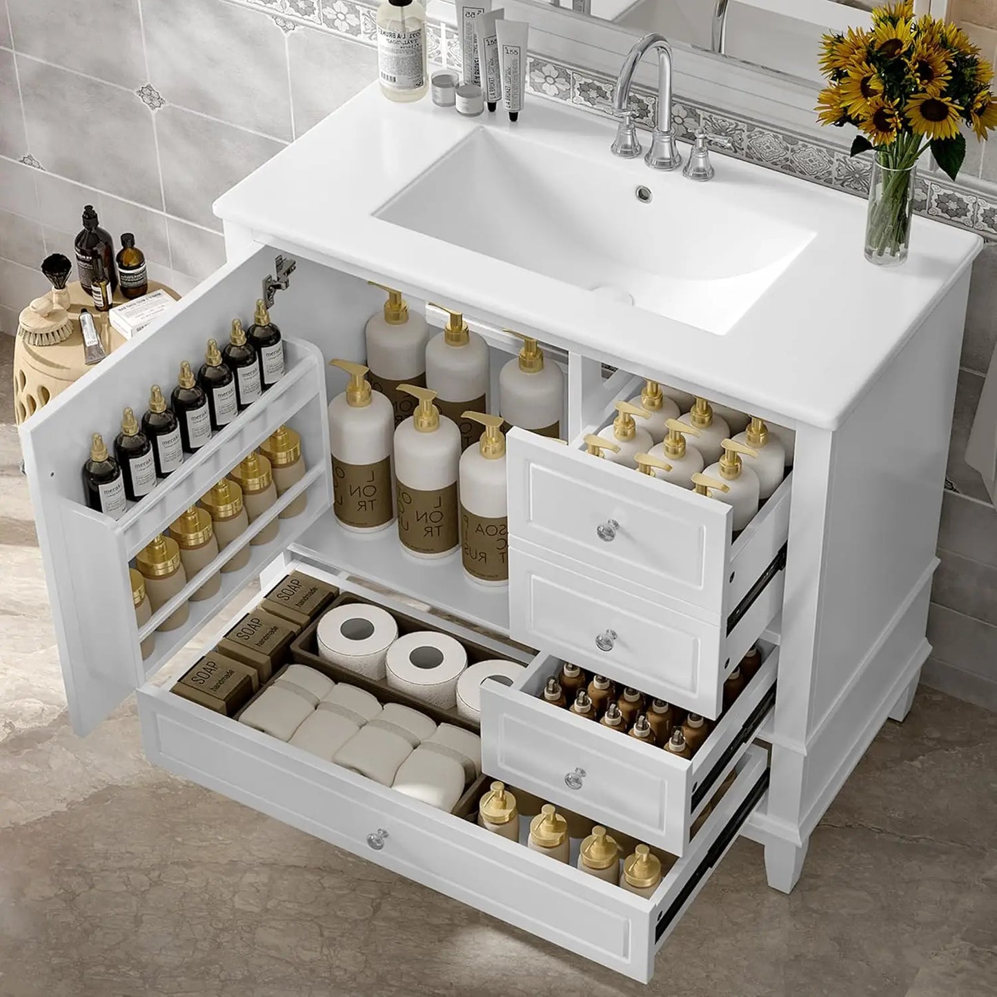 Wooden Bathroom Vanity With Ceramic Basin And Ample Storage Cabinets