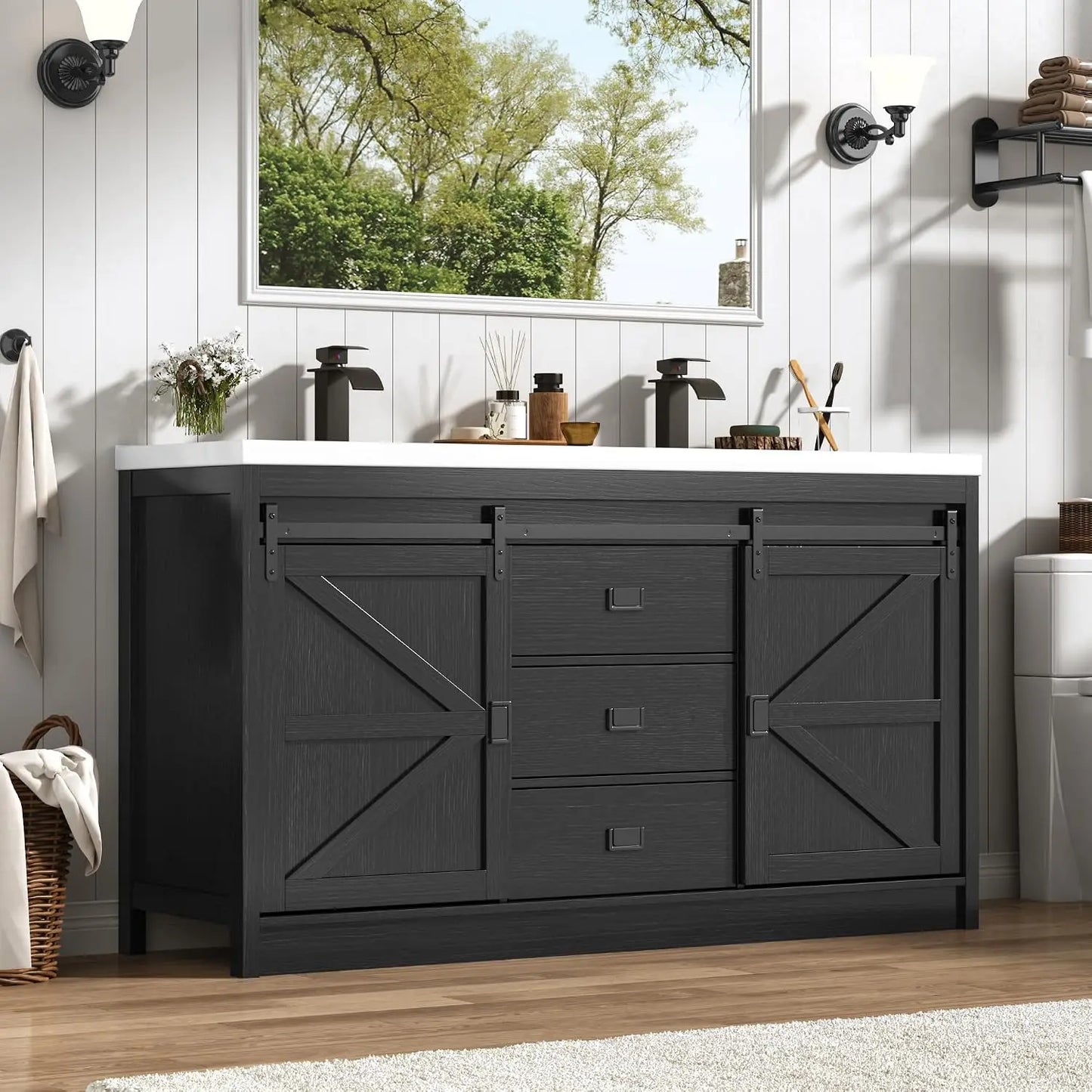 Double Farmhouse Bathroom Vanity Cabinet With Sink And Faucet