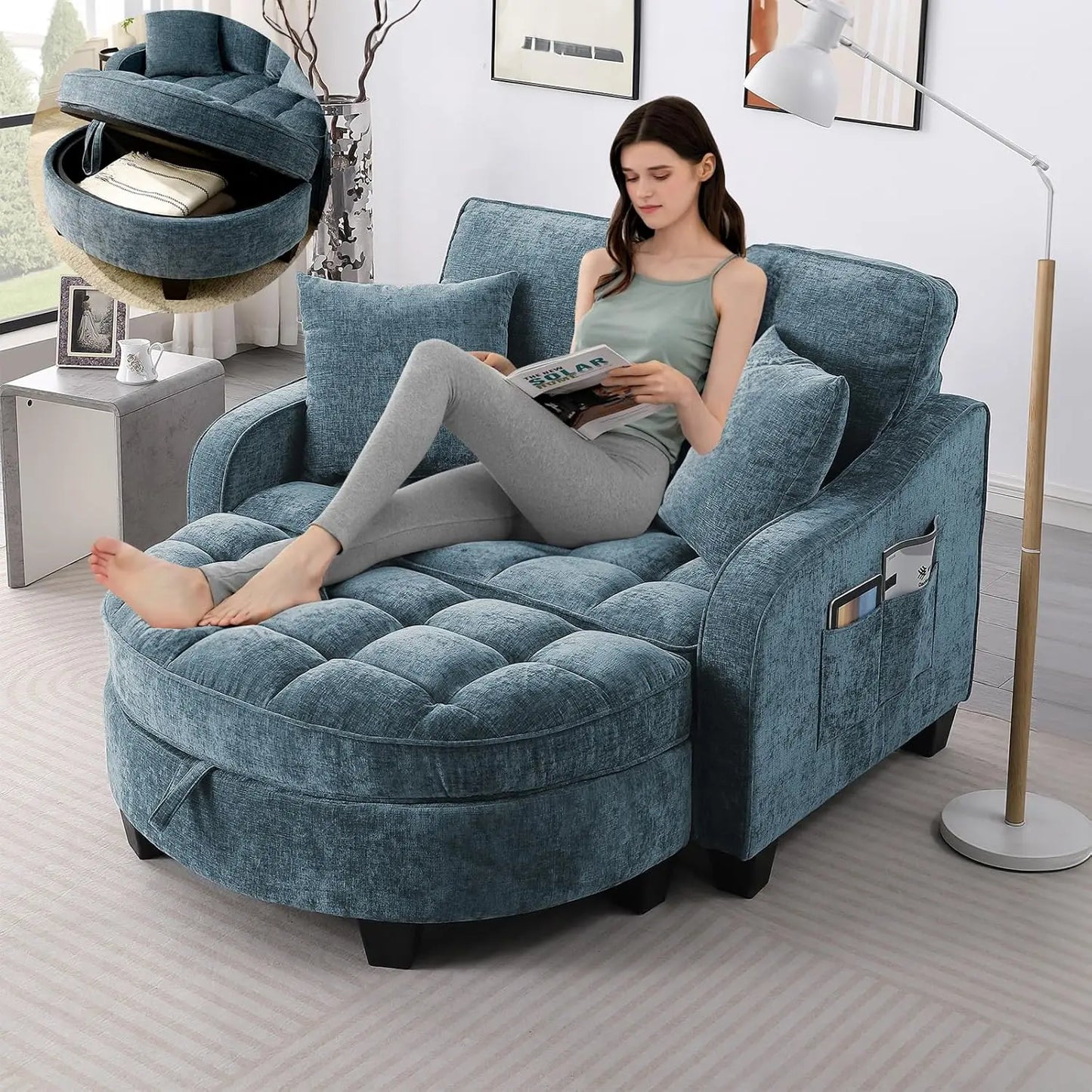 Oversized Curved Chaise Lounge Chair With Ottoman Indoor Soft Chenille