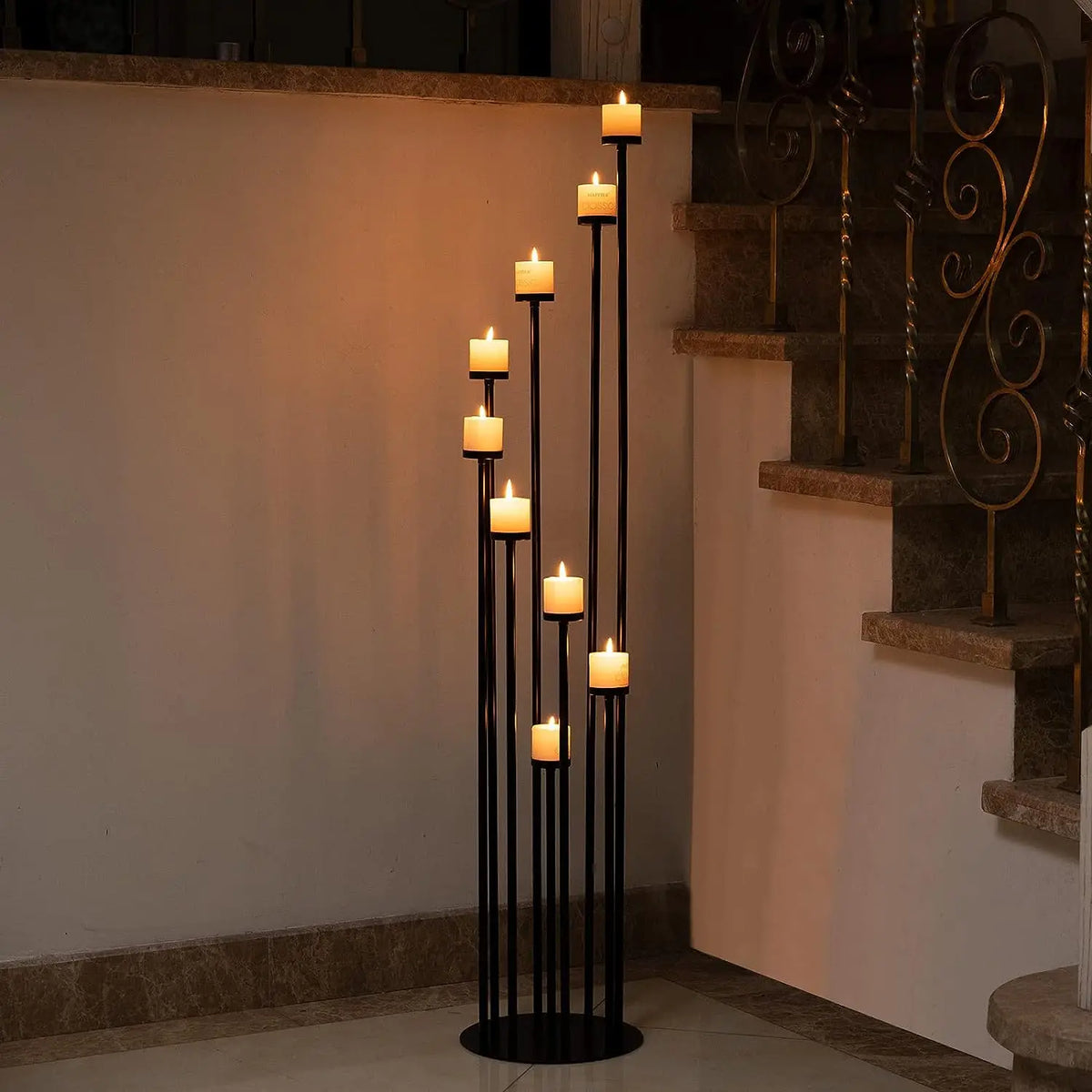 Nine Arms Gold And Black Pillar Taper Candle Holder Centerpiece