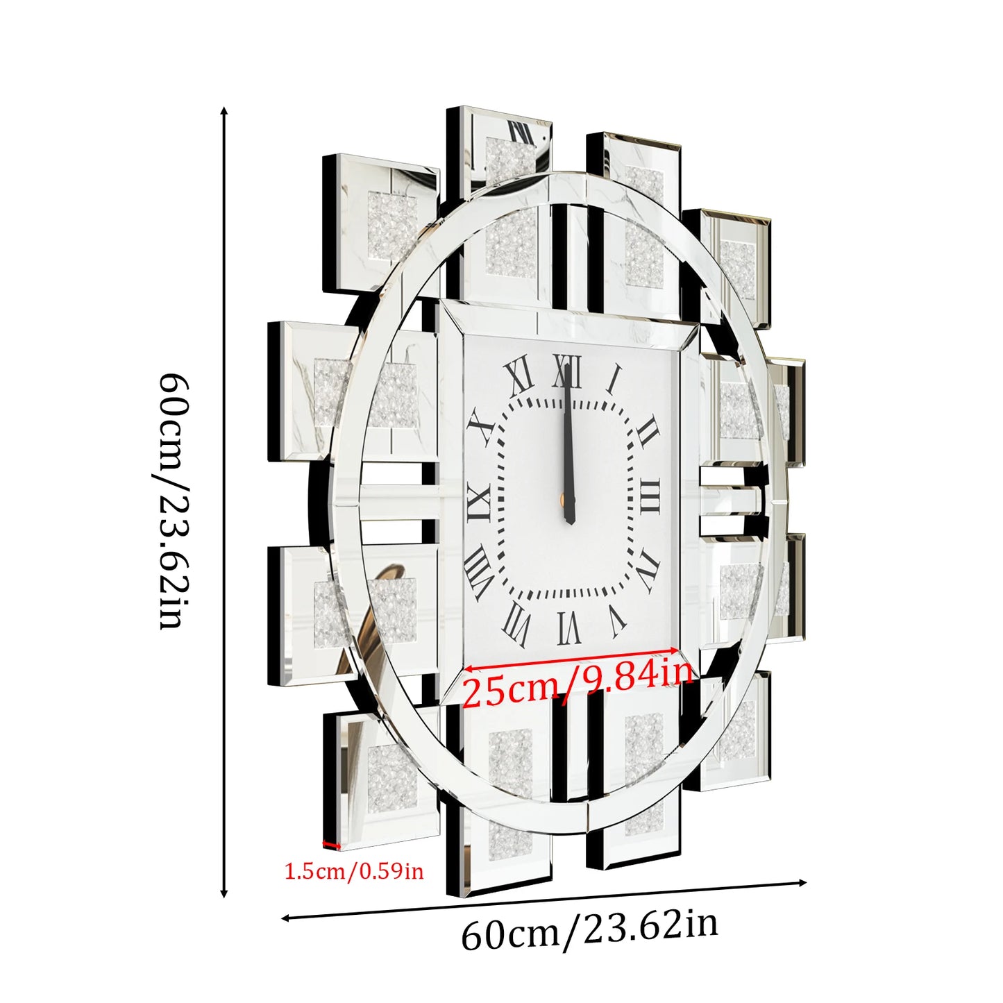 Irregular Diamond Mirrored Wall Clock With Roman Numerals Quartz