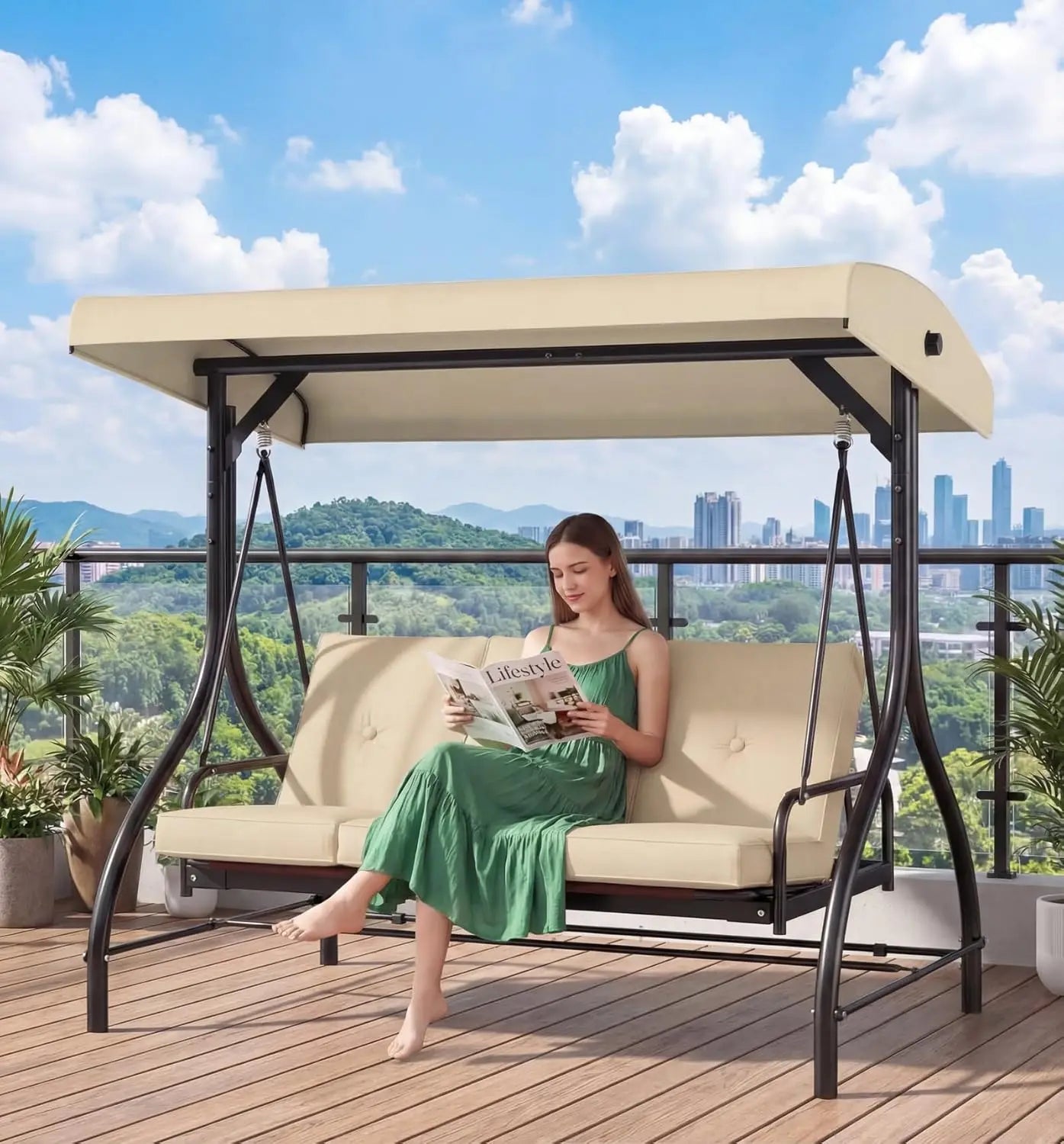 Three Seat Patio Swing With Adjustable Canopy And Backrest For Outdoor Use