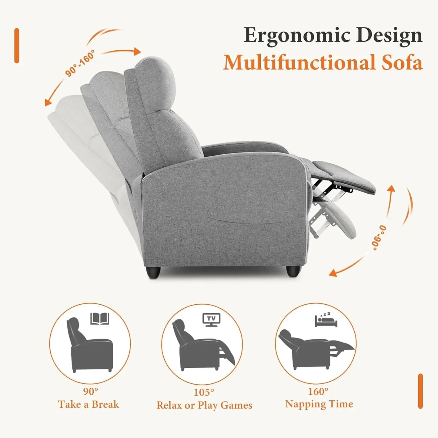 Fabric Recliner Chair With Lumbar Support And Adjustable Back