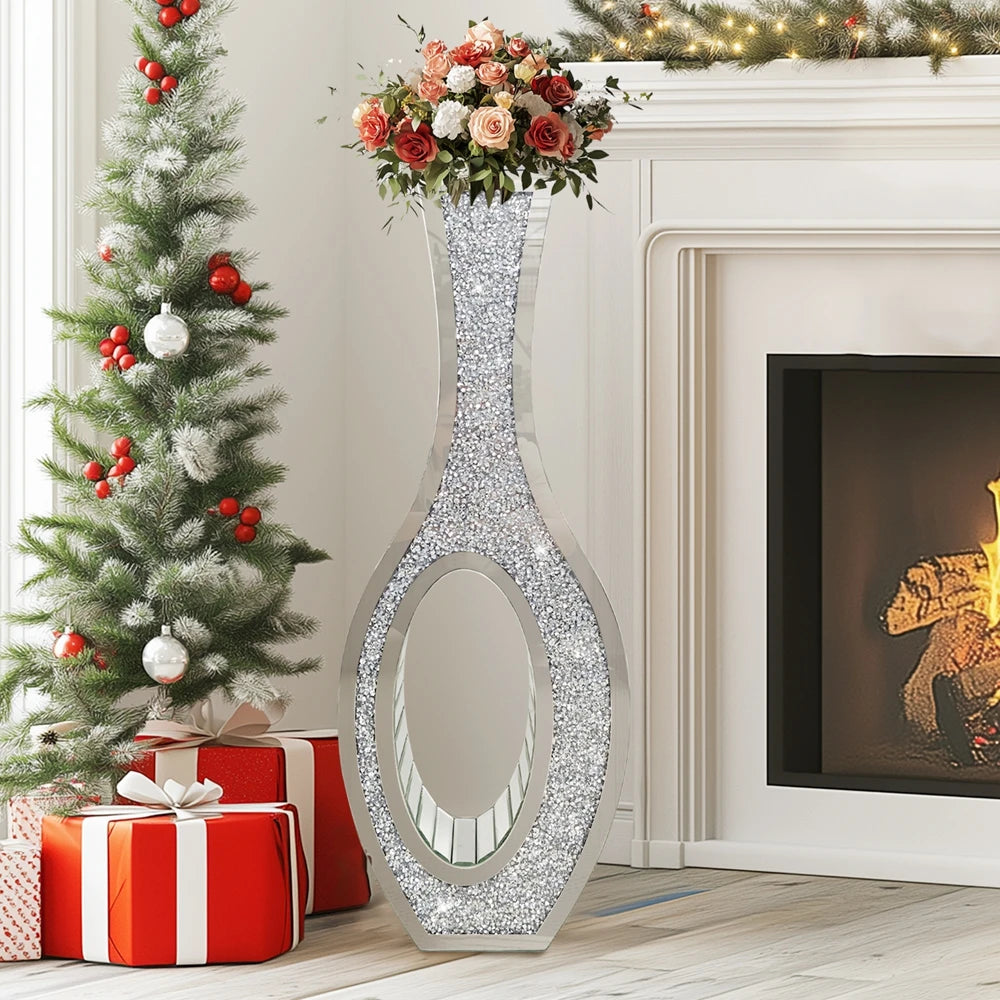 Mirrored Floor Vase With Crystal Diamond Accent Elegant Home Decor