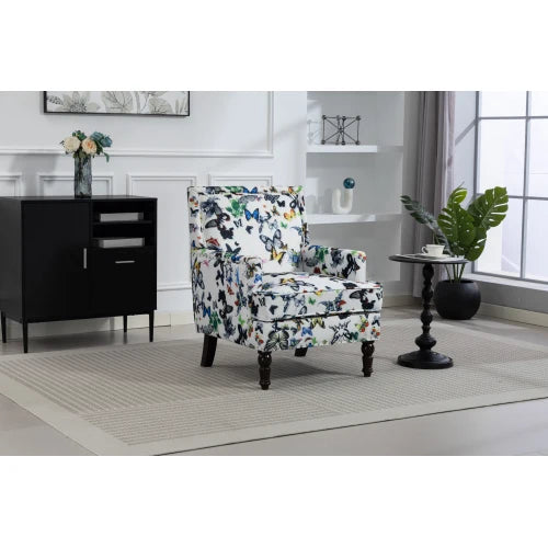 Upholstered Accent Chair Vintage Armchair With Porcelain Print Linen Fabric