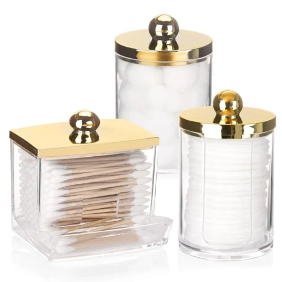 3 Pack Q Tips Dispenser Set For Bathroom Organization With Gold Lids