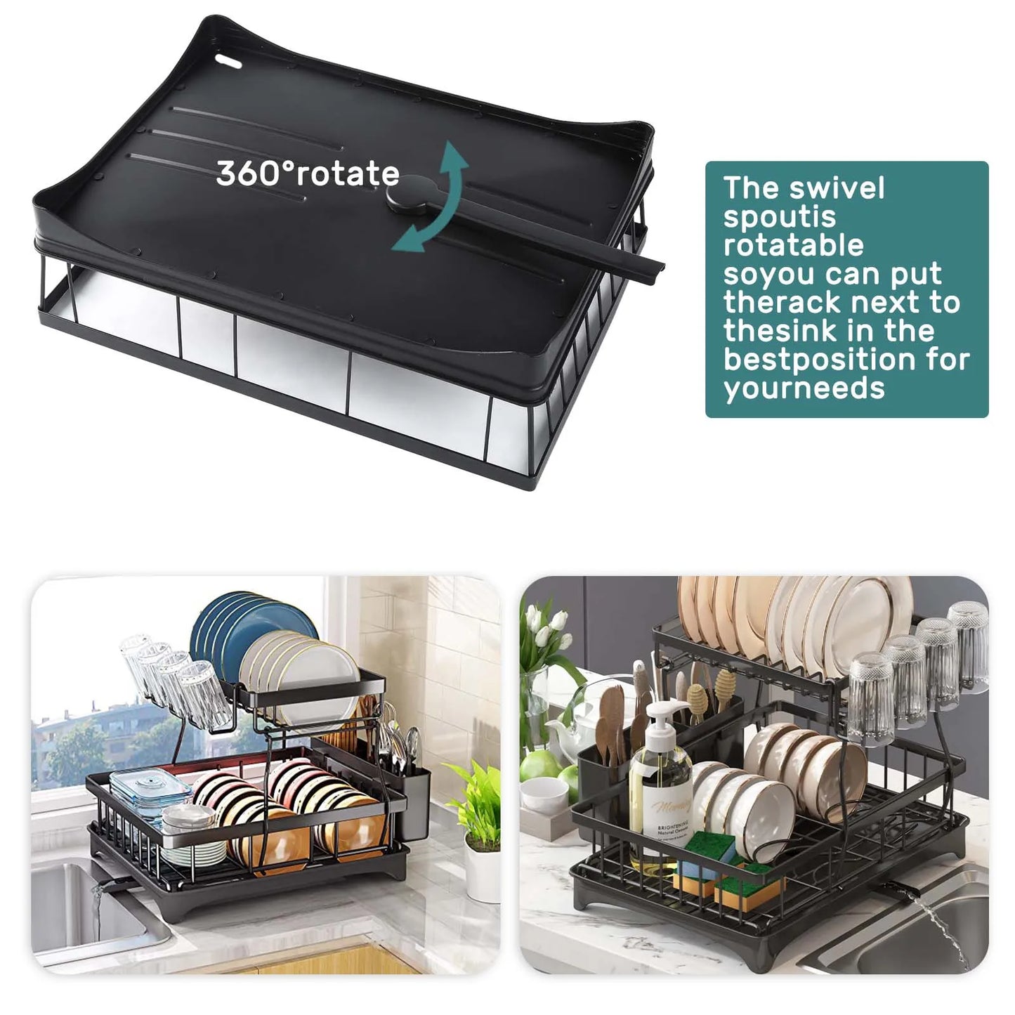 Removable Two Tier Dish Drying Rack for Kitchen Countertop