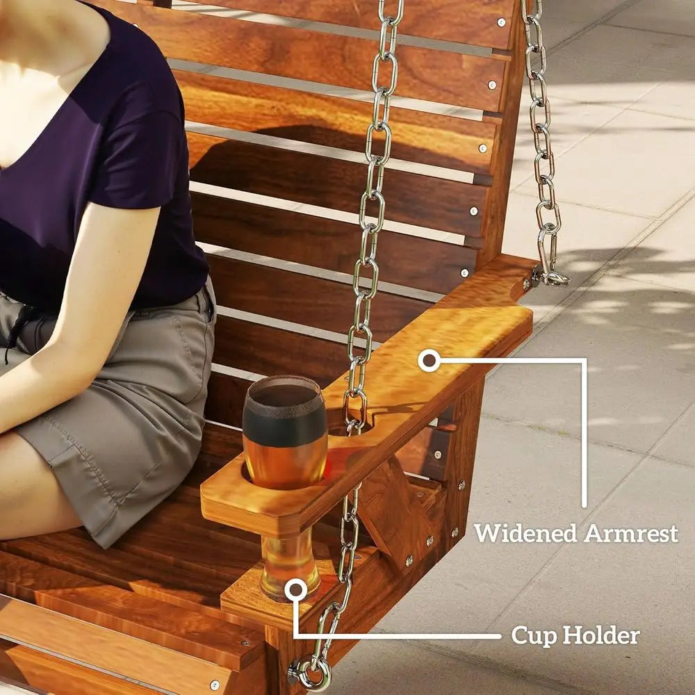 Outdoor Porch Swing With Cup Holders Patio Bench Carbonized Wood