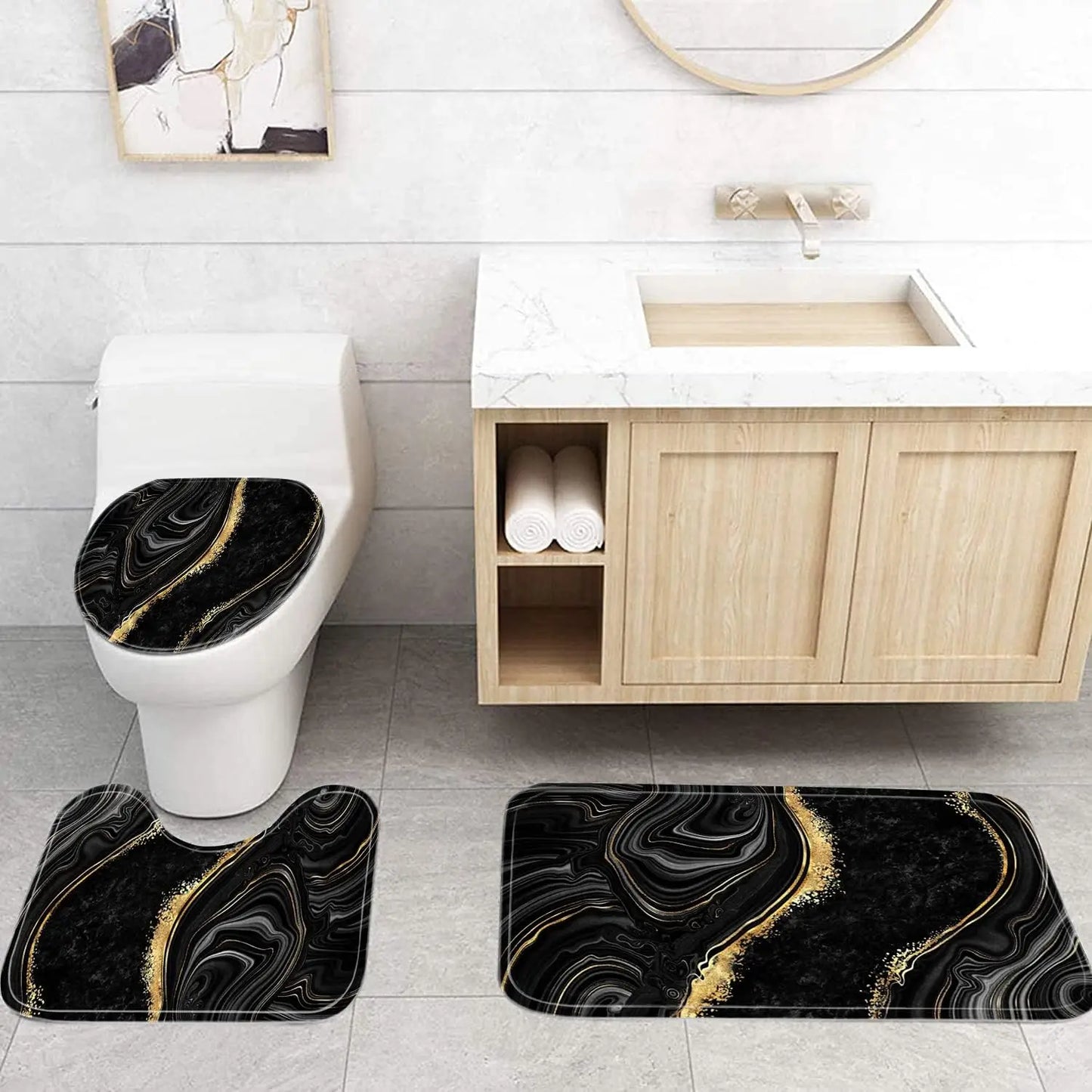 Shower Curtain Set With Toilet Lid Cover And Bath Rugs