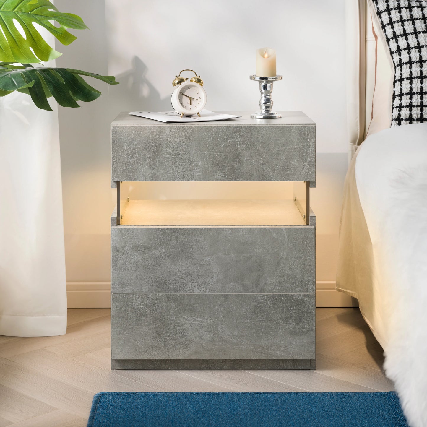 Cubehom LED Bedside Table With 3 Drawers Modern Nightstand