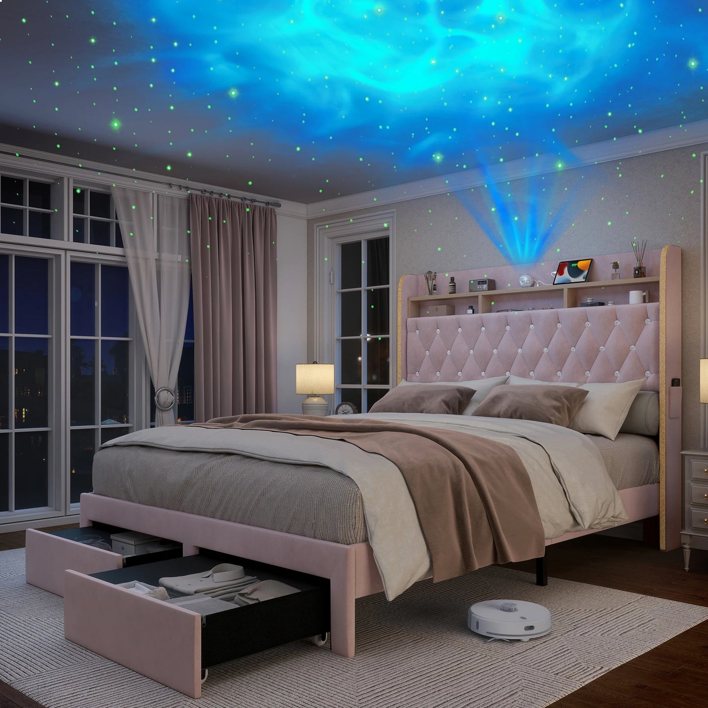 SIBEDS LED Bed Frame With Storage Drawers And Star Projector