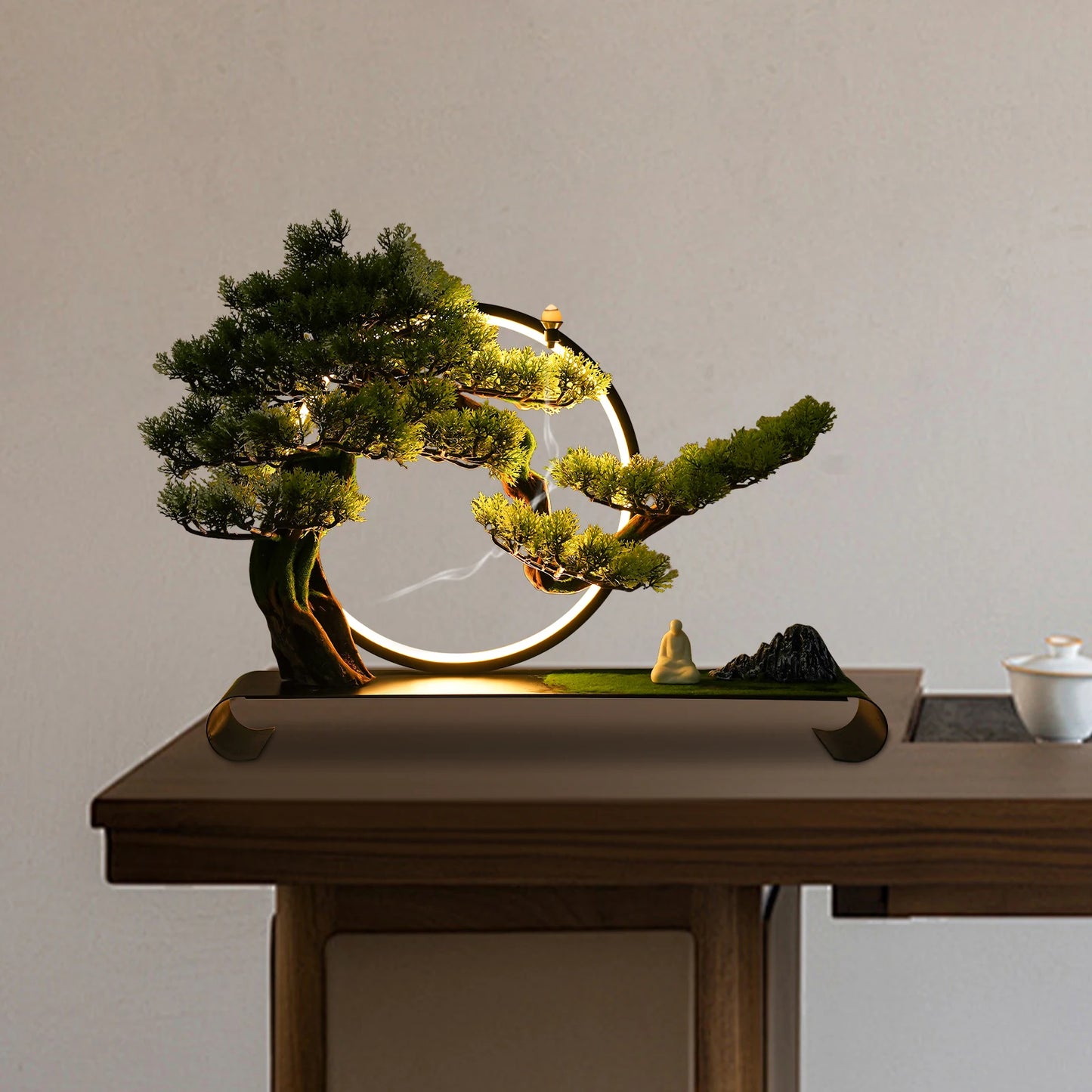 Ceramic Zen Bonsai Incense Burner With LED Halo USB Decor