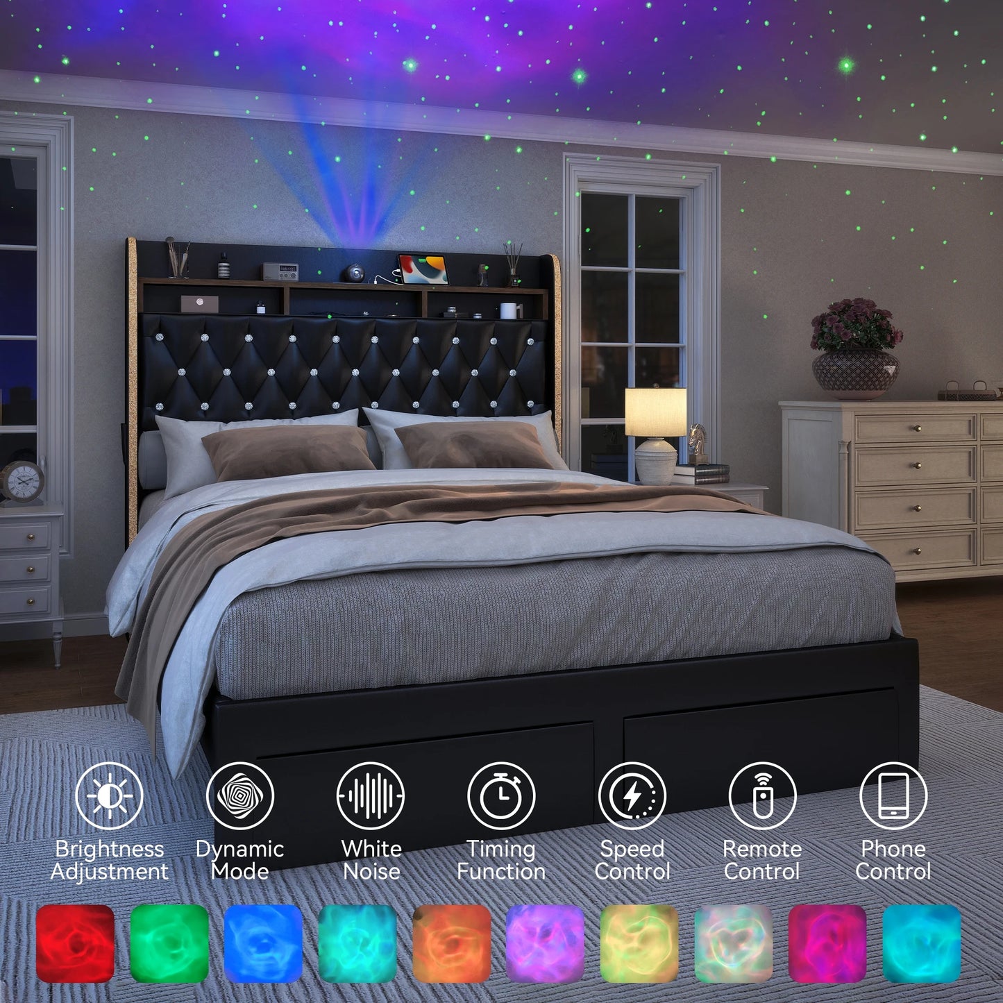 SIBEDS LED Bed Frame With Storage Drawers And Star Projector