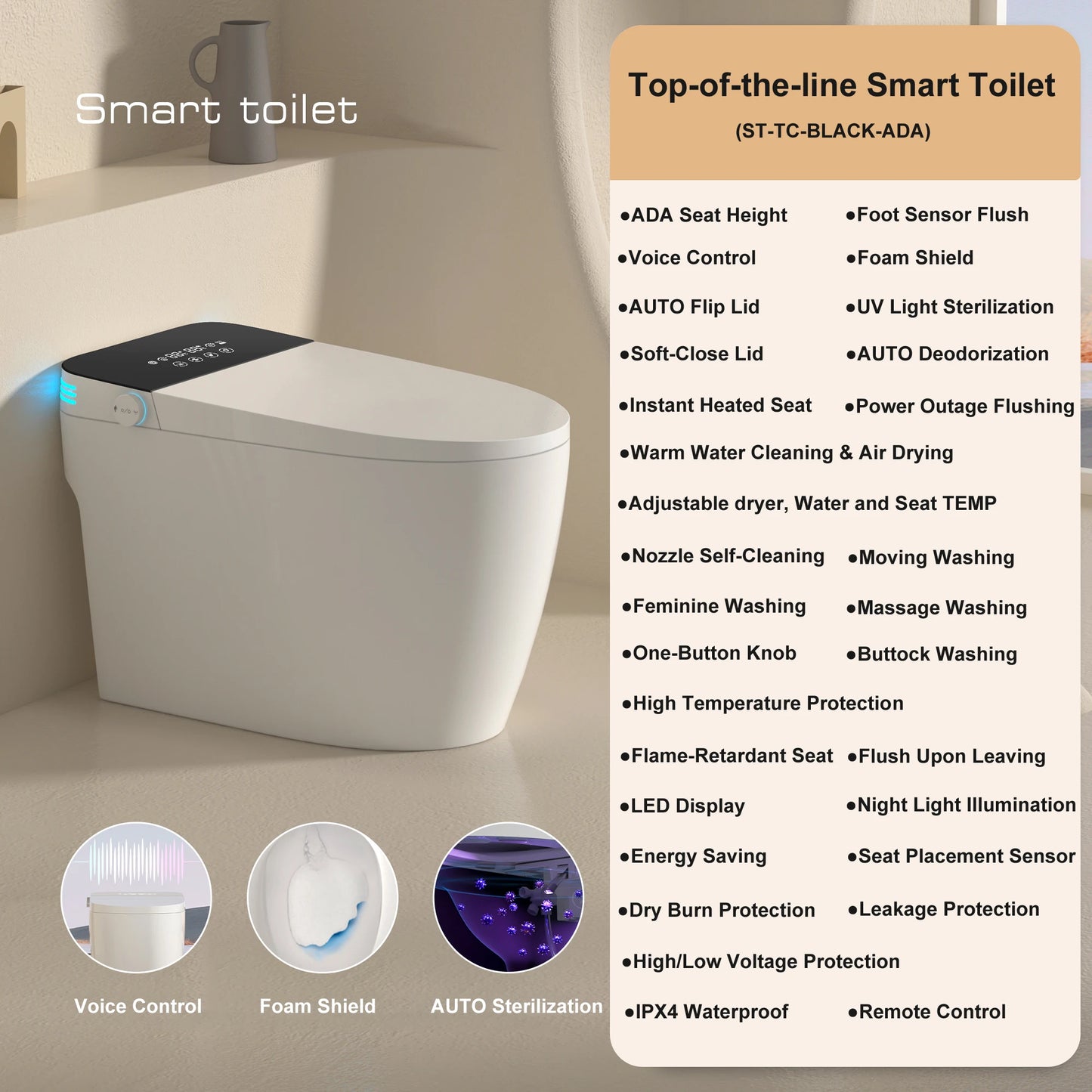 Smart Toilet Bidet Auto Open Close Dual Flush Heated Seat
