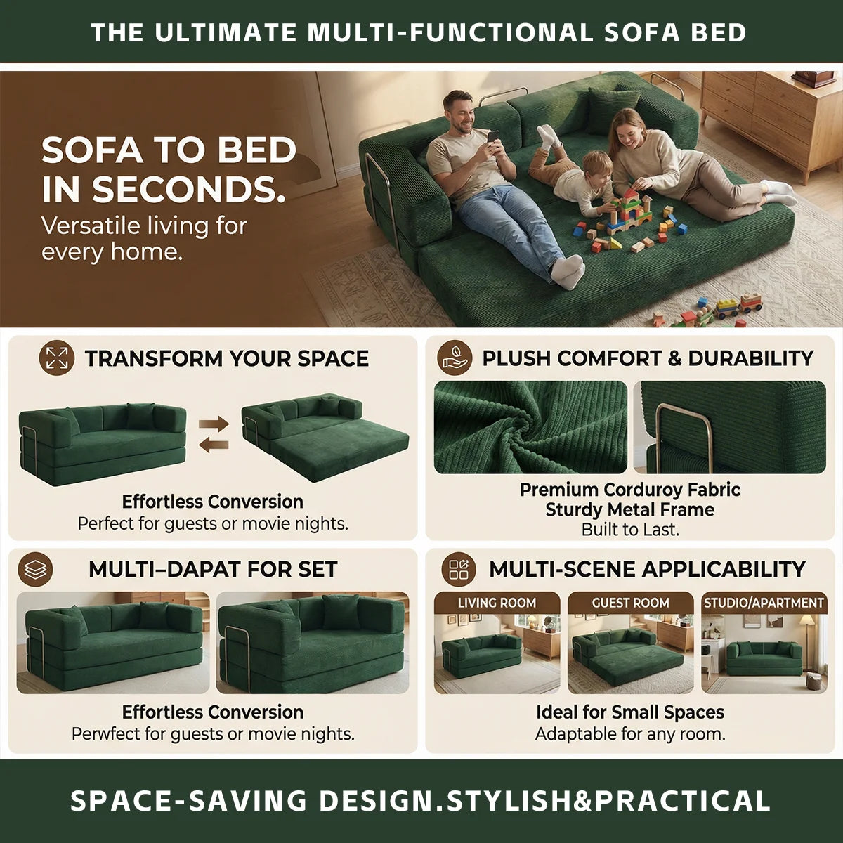 YQzyphyna 4-In-1 Futon Sofa Bed Corduroy Sleeper Loveseat