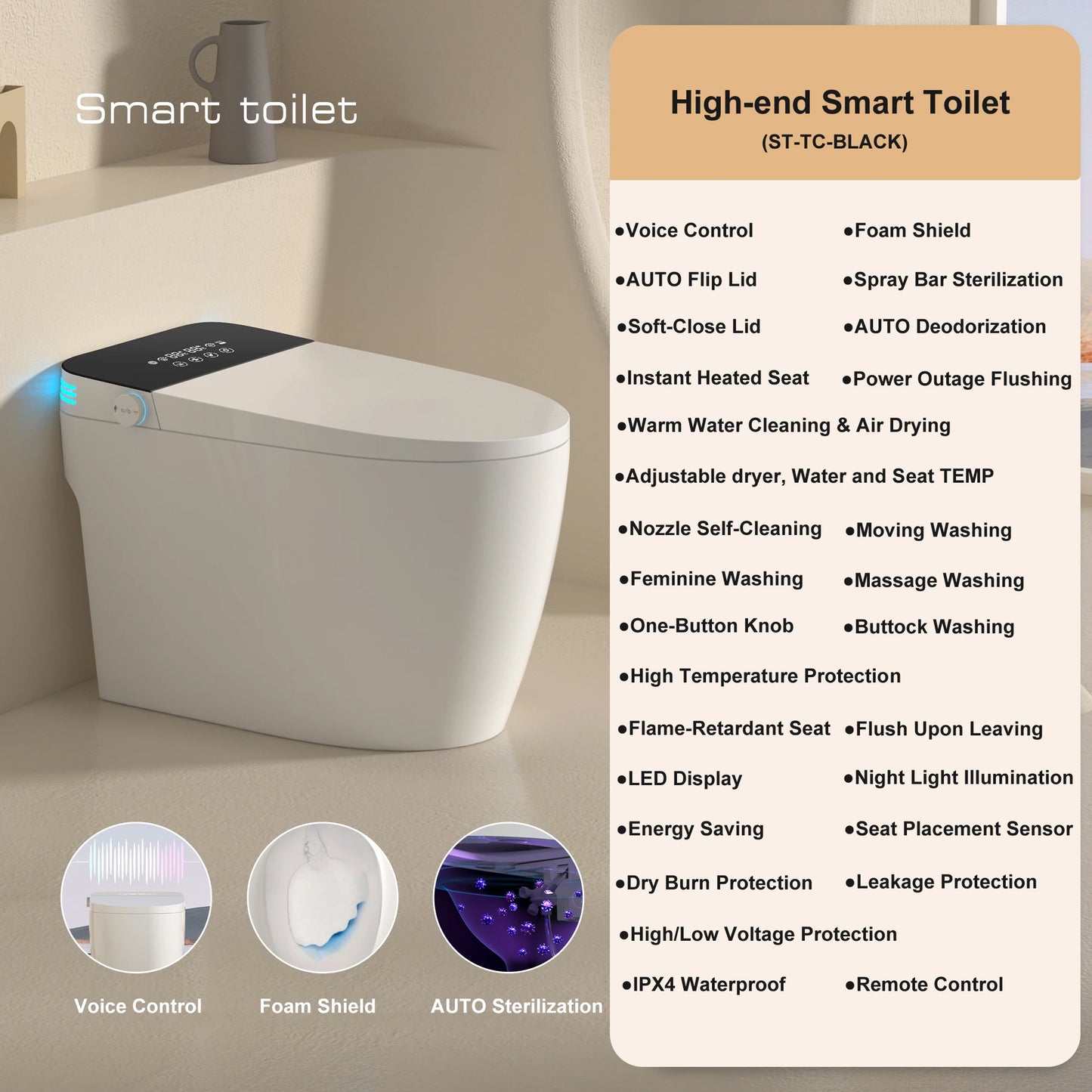 Smart Toilet Bidet Auto Open Close Dual Flush Heated Seat