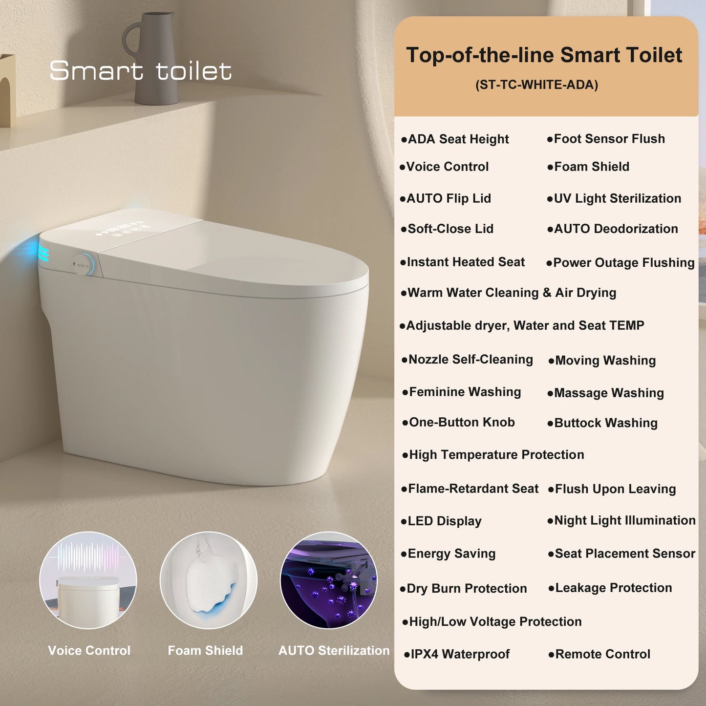 Smart Toilet Bidet Auto Open Close Dual Flush Heated Seat