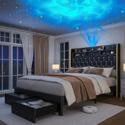 SIBEDS LED Bed Frame With Storage Drawers And Star Projector