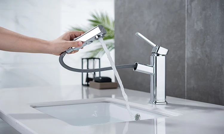 DQOK Modern Pull Out Chrome Brass Bathroom Basin Mixer Faucet