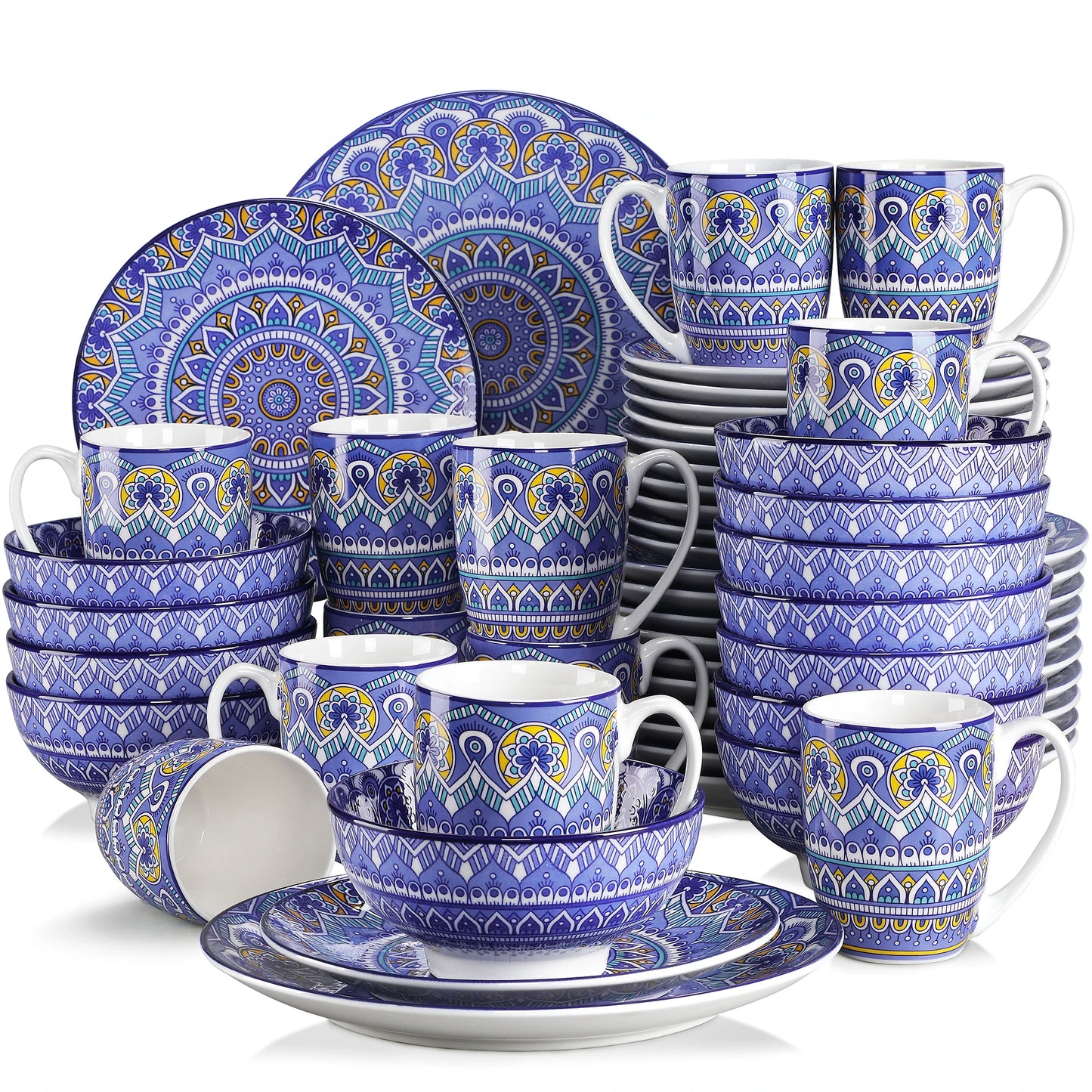 MALACASA Bohemian Mandala Ceramic Dinnerware Set With Plates Bowls Mugs