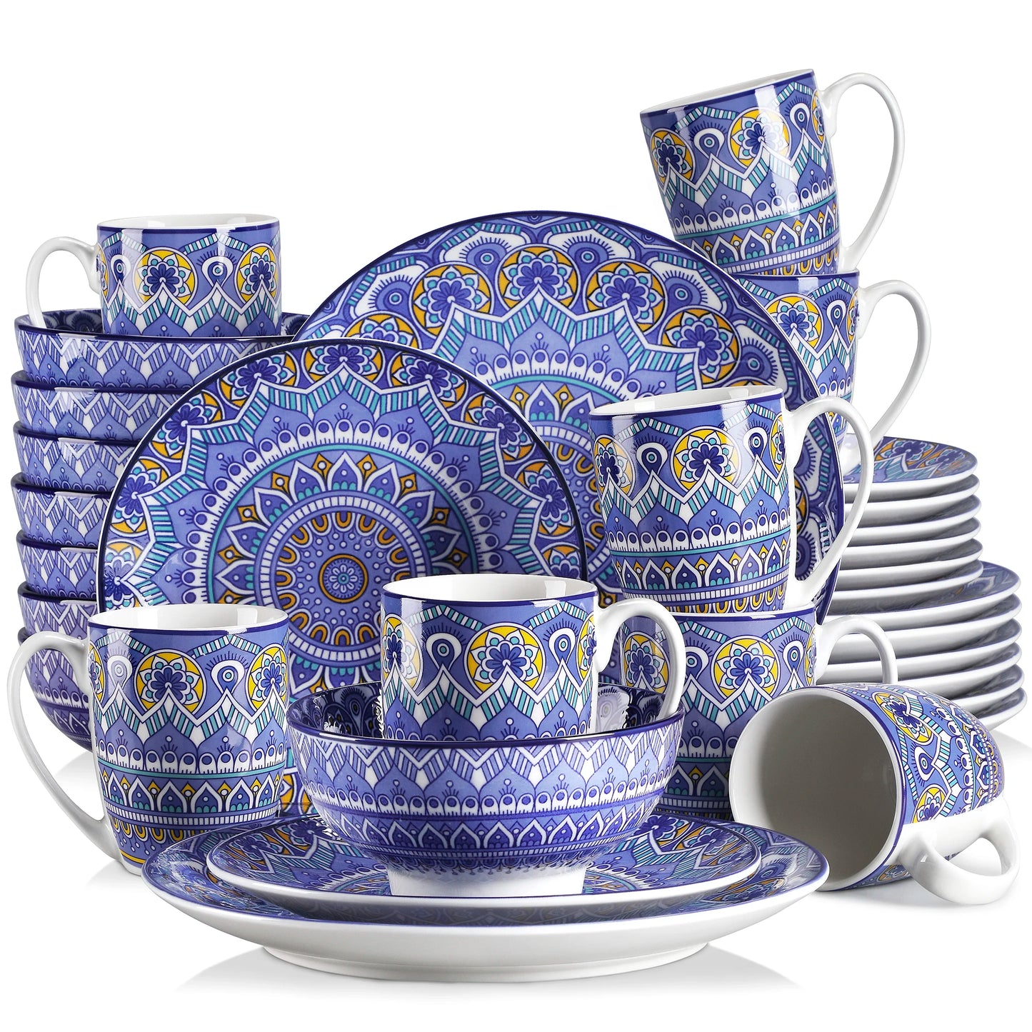 MALACASA Bohemian Mandala Ceramic Dinnerware Set With Plates Bowls Mugs