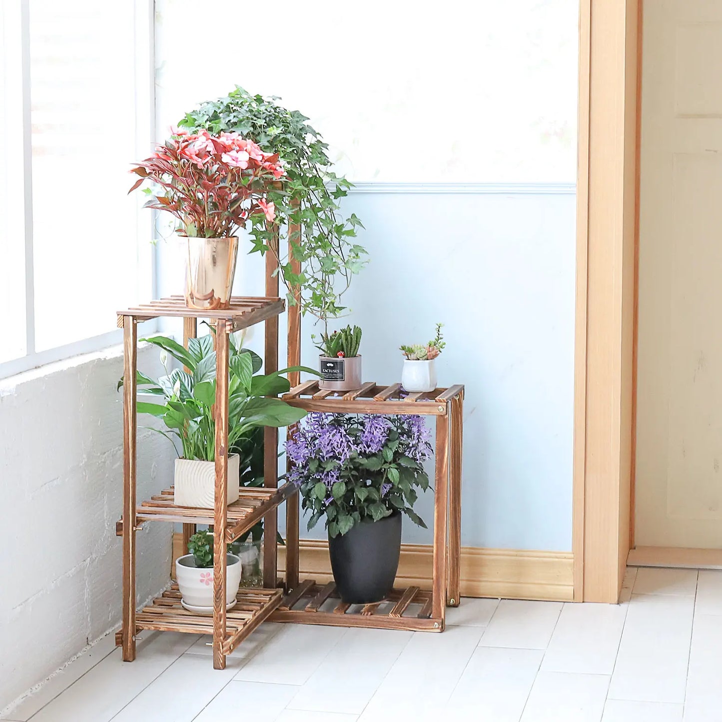 BINGOPAW 6 Tier Wooden Plant Corner Stand Indoor Outdoor Shelf