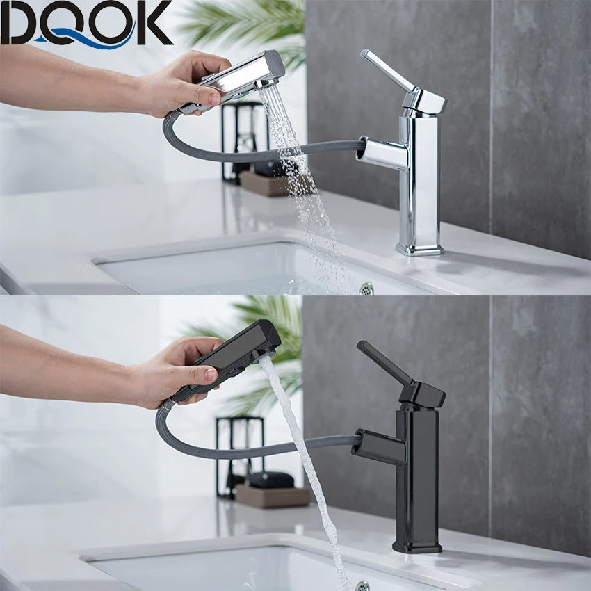 DQOK Modern Pull Out Chrome Brass Bathroom Basin Mixer Faucet