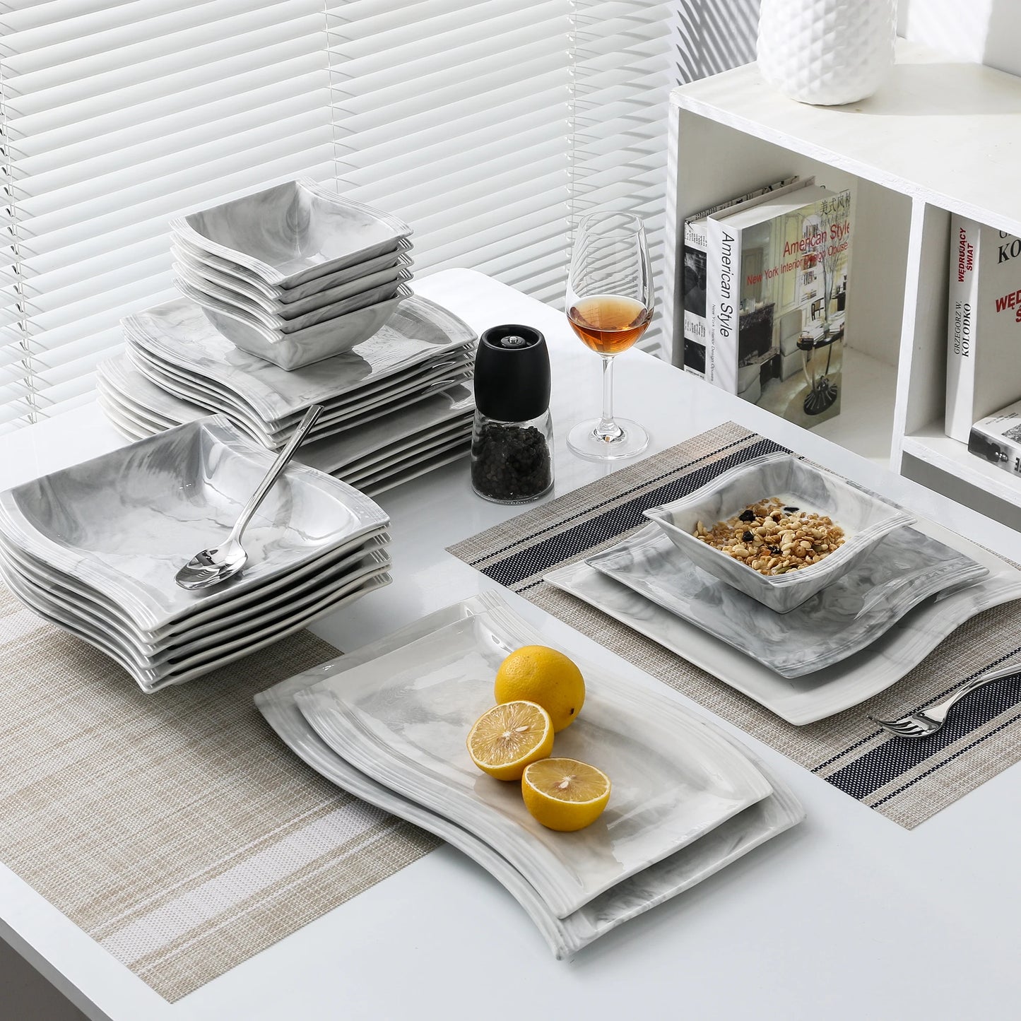 MALACASA Flora 26 Piece Nordic Marble Gray Porcelain Dinnerware Set for 6