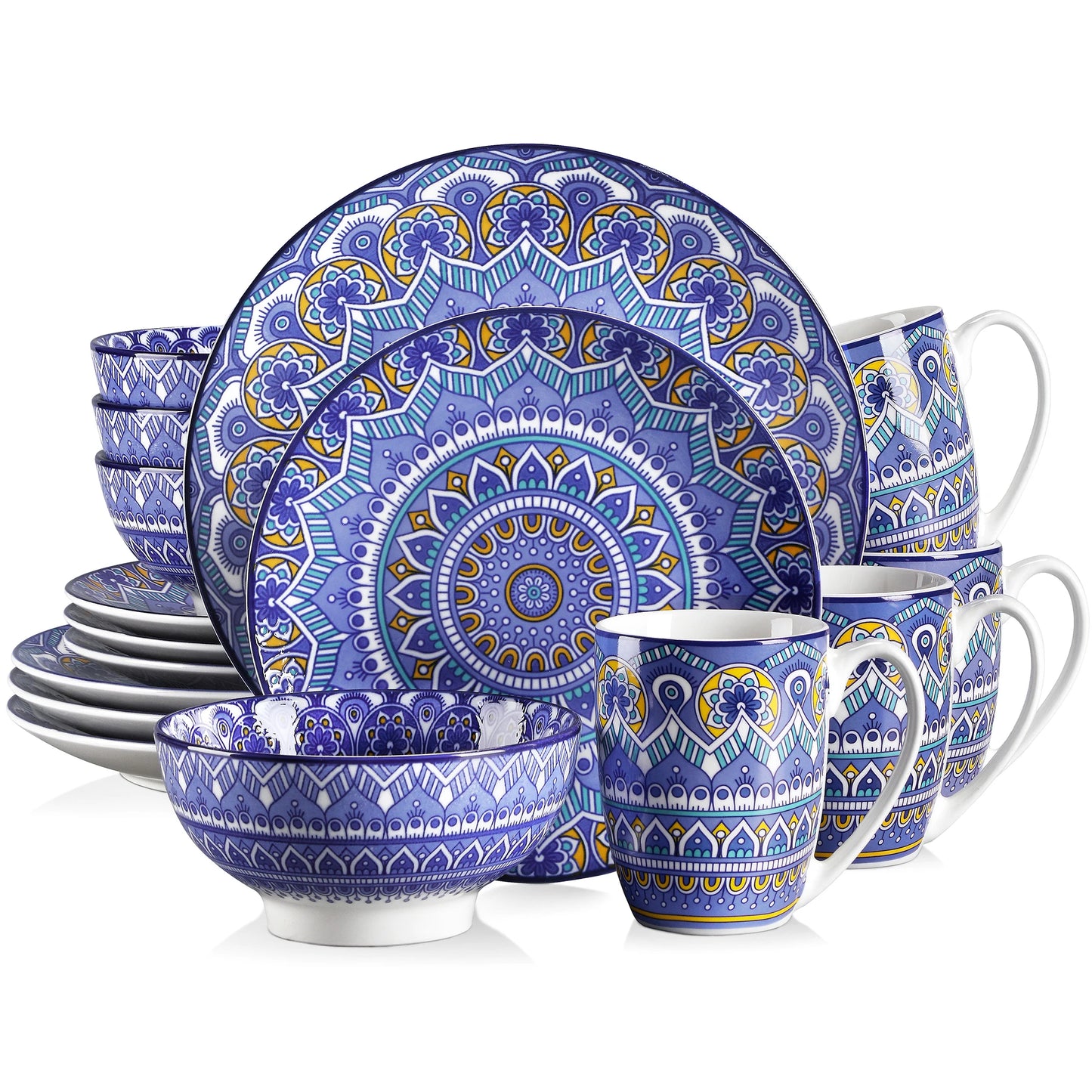 MALACASA Bohemian Mandala Ceramic Dinnerware Set With Plates Bowls Mugs