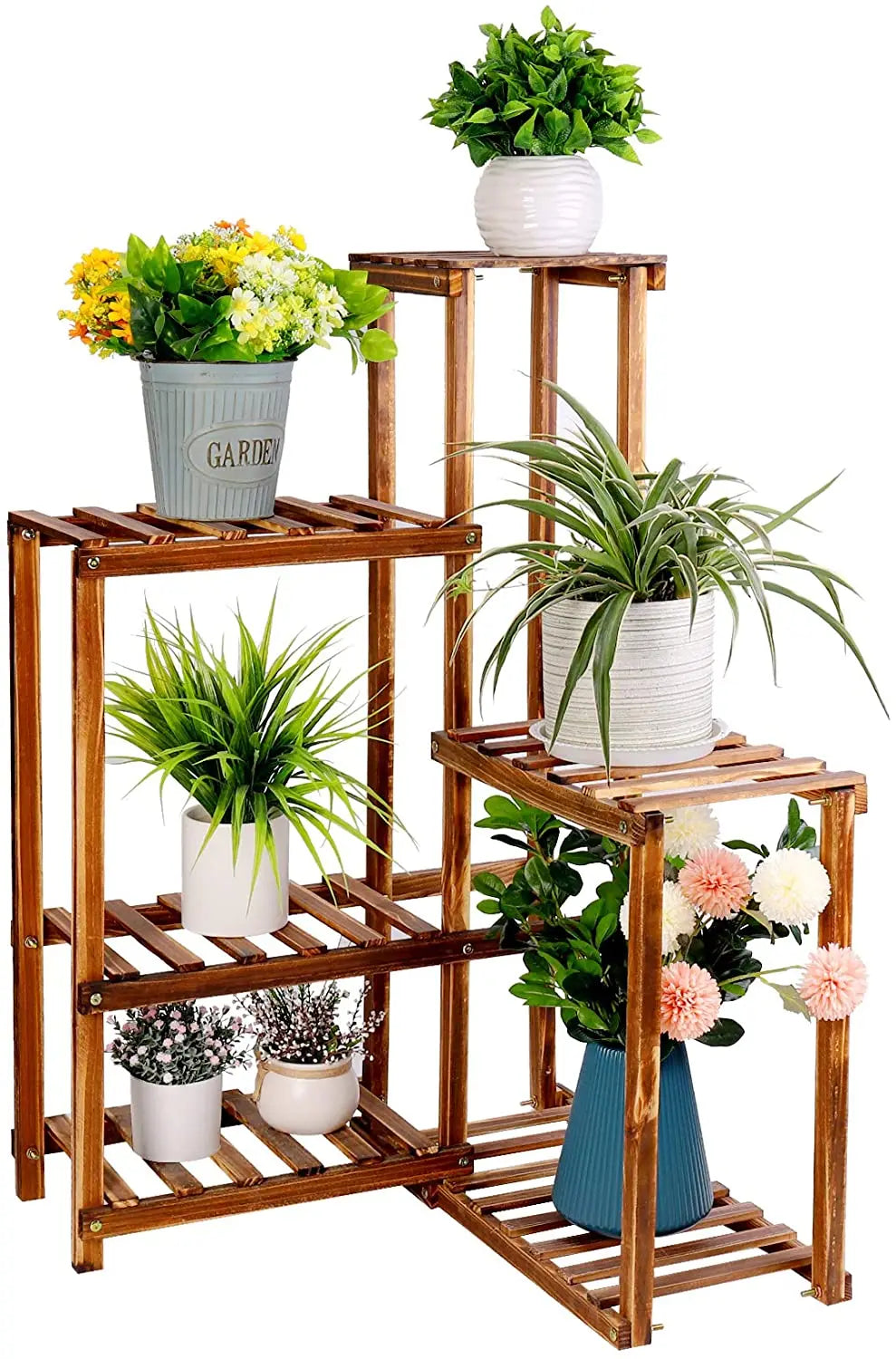 BINGOPAW 6 Tier Wooden Plant Corner Stand Indoor Outdoor Shelf