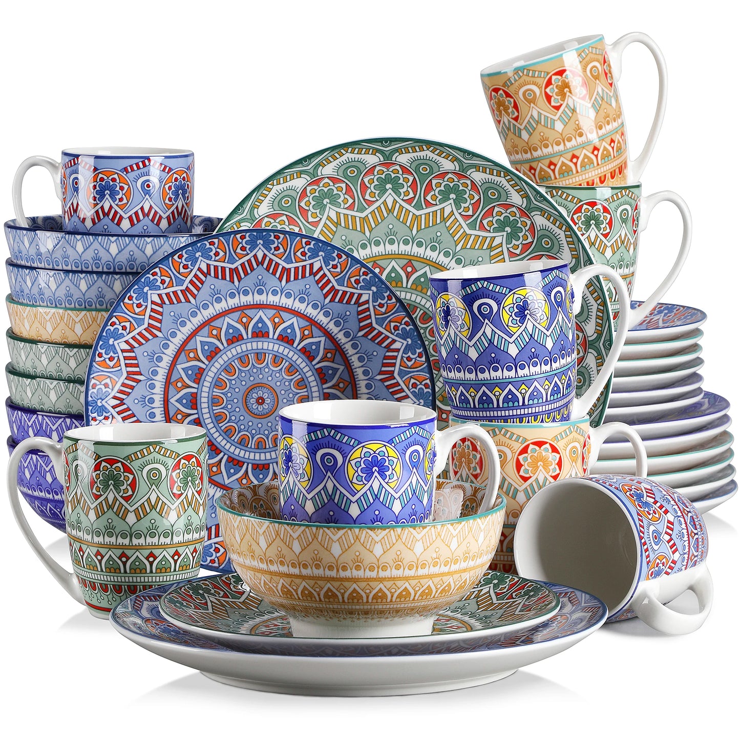 MALACASA Bohemian Mandala Ceramic Dinnerware Set With Plates Bowls Mugs