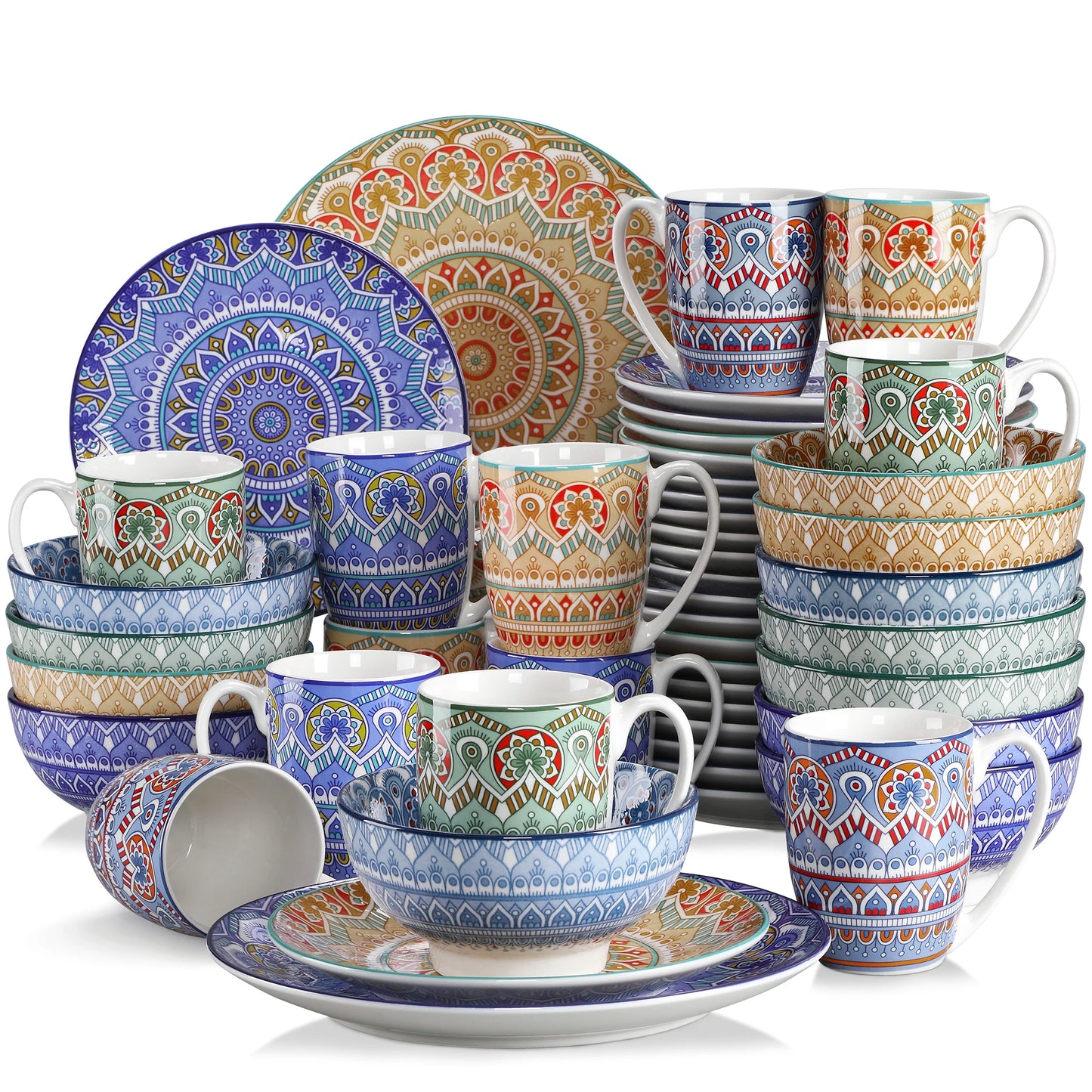 MALACASA Bohemian Mandala Ceramic Dinnerware Set With Plates Bowls Mugs