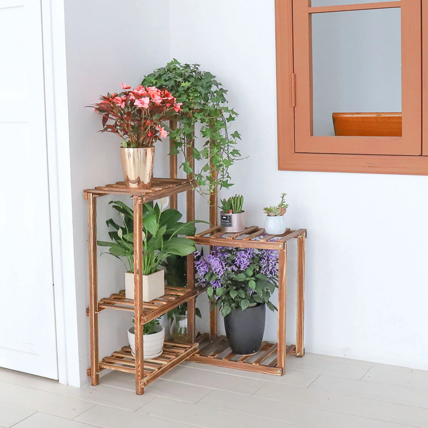 BINGOPAW 6 Tier Wooden Plant Corner Stand Indoor Outdoor Shelf