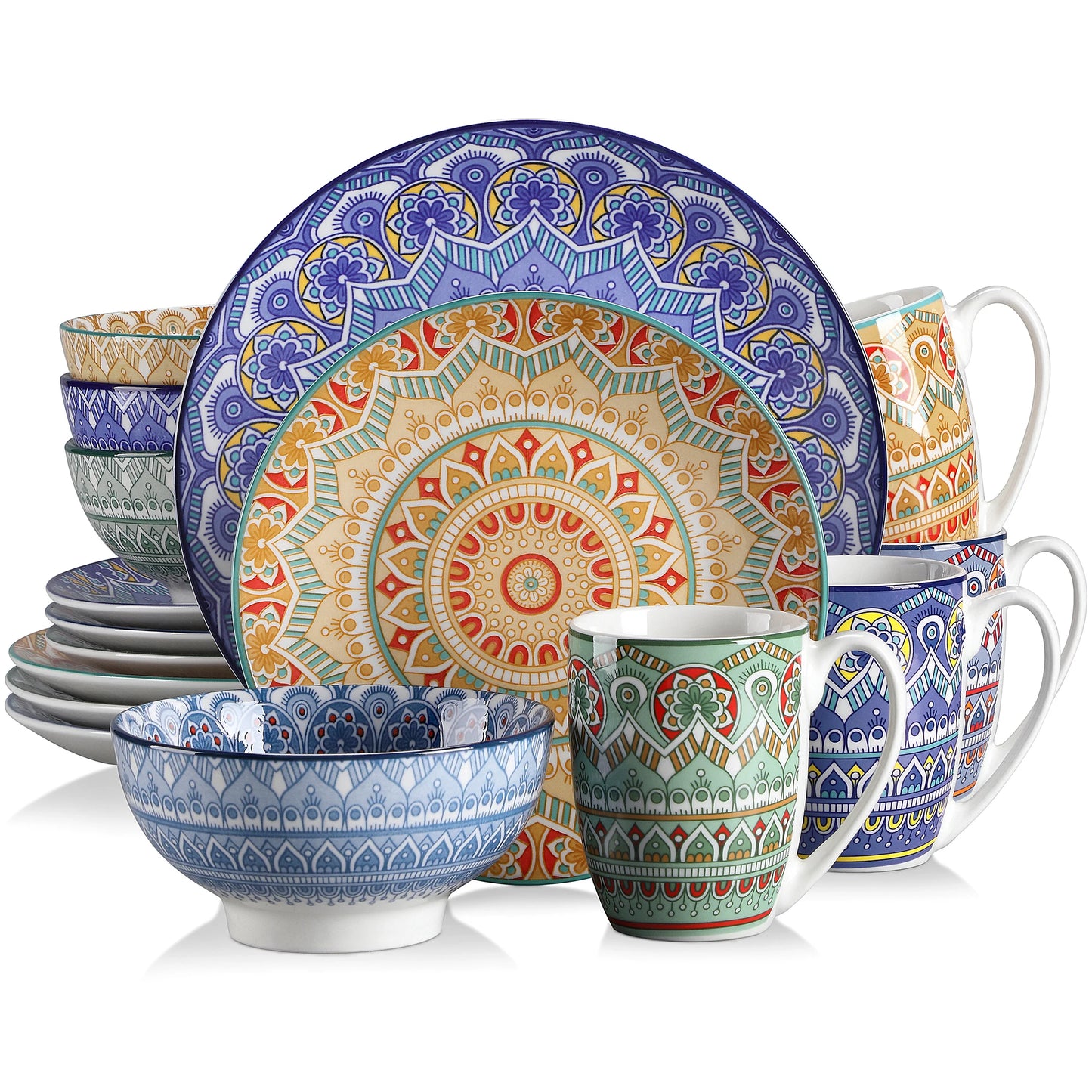 MALACASA Bohemian Mandala Ceramic Dinnerware Set With Plates Bowls Mugs