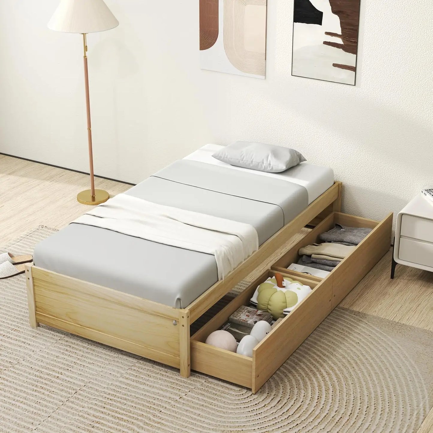 Folded Platform Bed Frame With 2 Storage Drawers, Solid Wood Slats