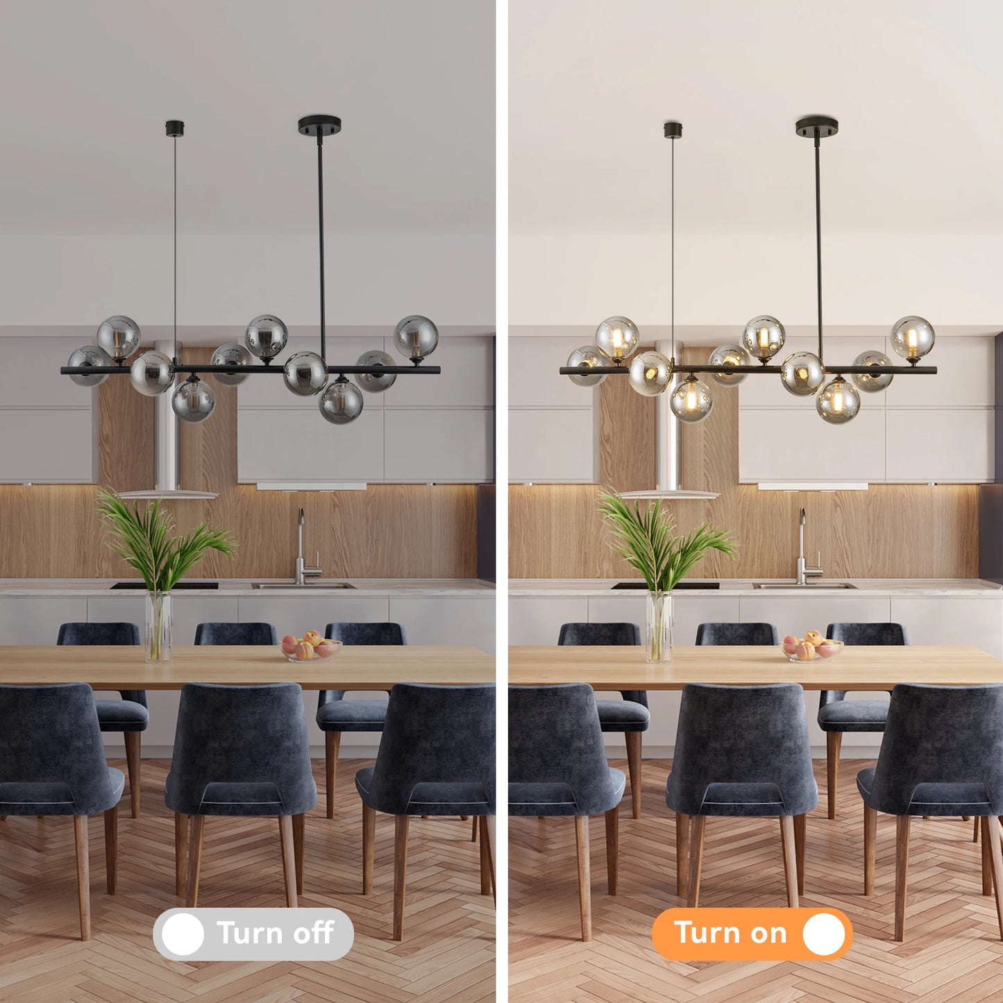 10 Light Adjustable Chandelier Mid Century Modern Glass Globes