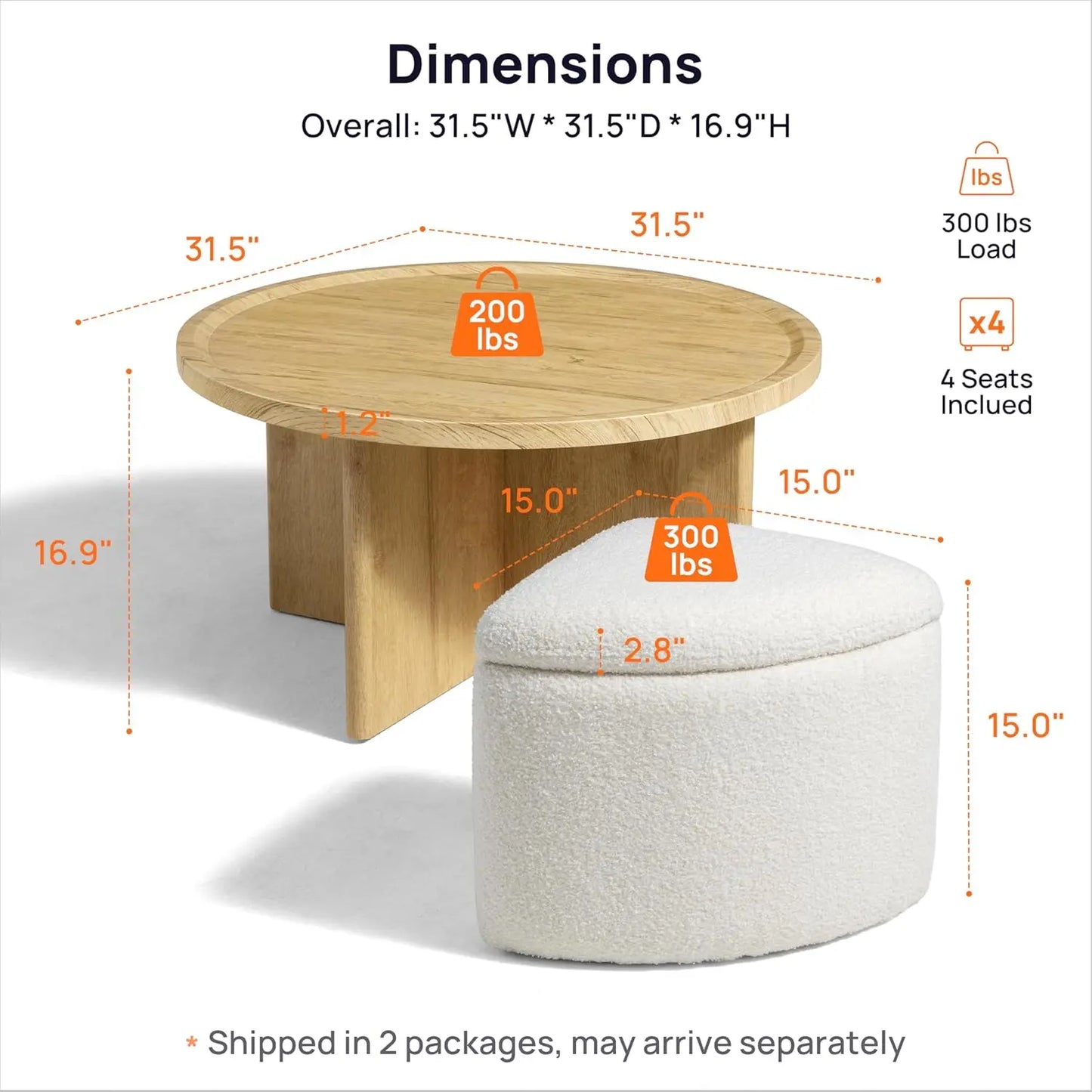 Guangbai Round Coffee Table With Storage And Ottomans