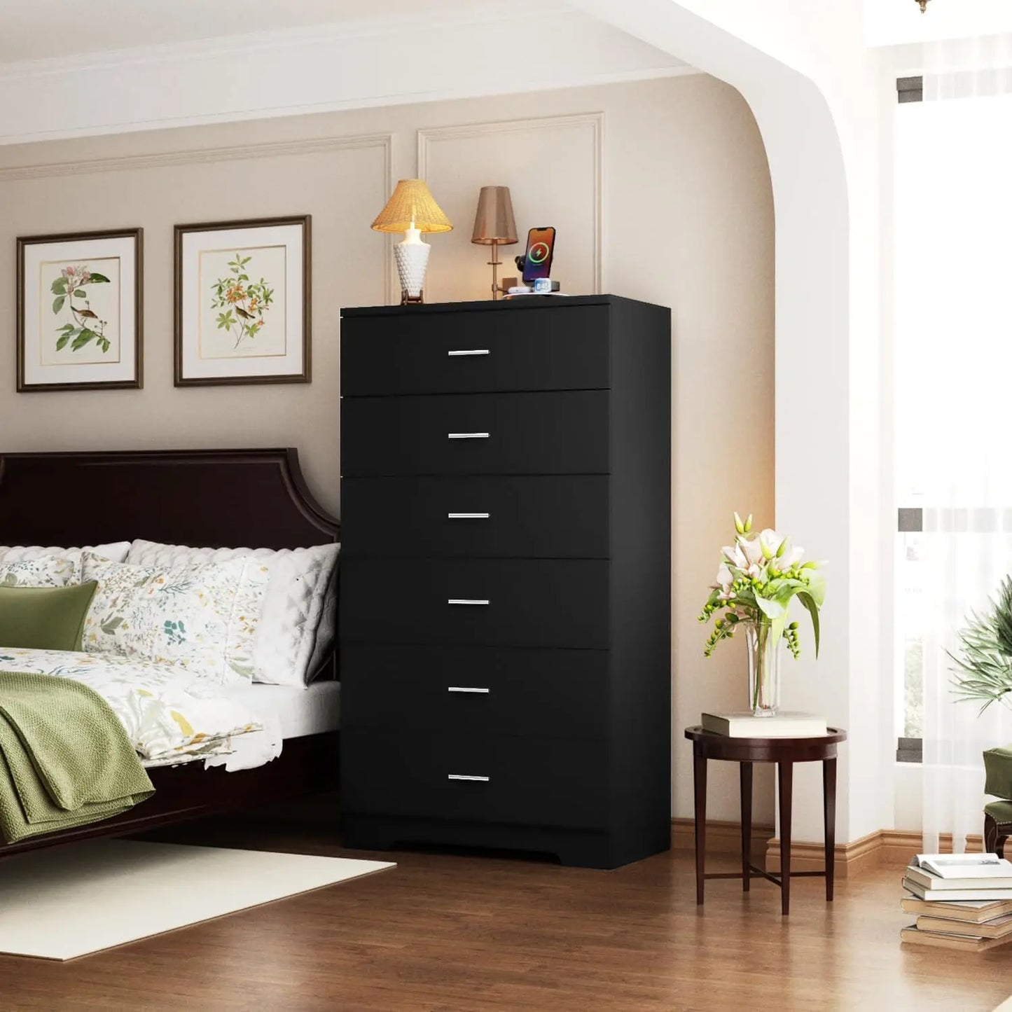 Wood Dresser With Power Outlets And Six Large Drawers