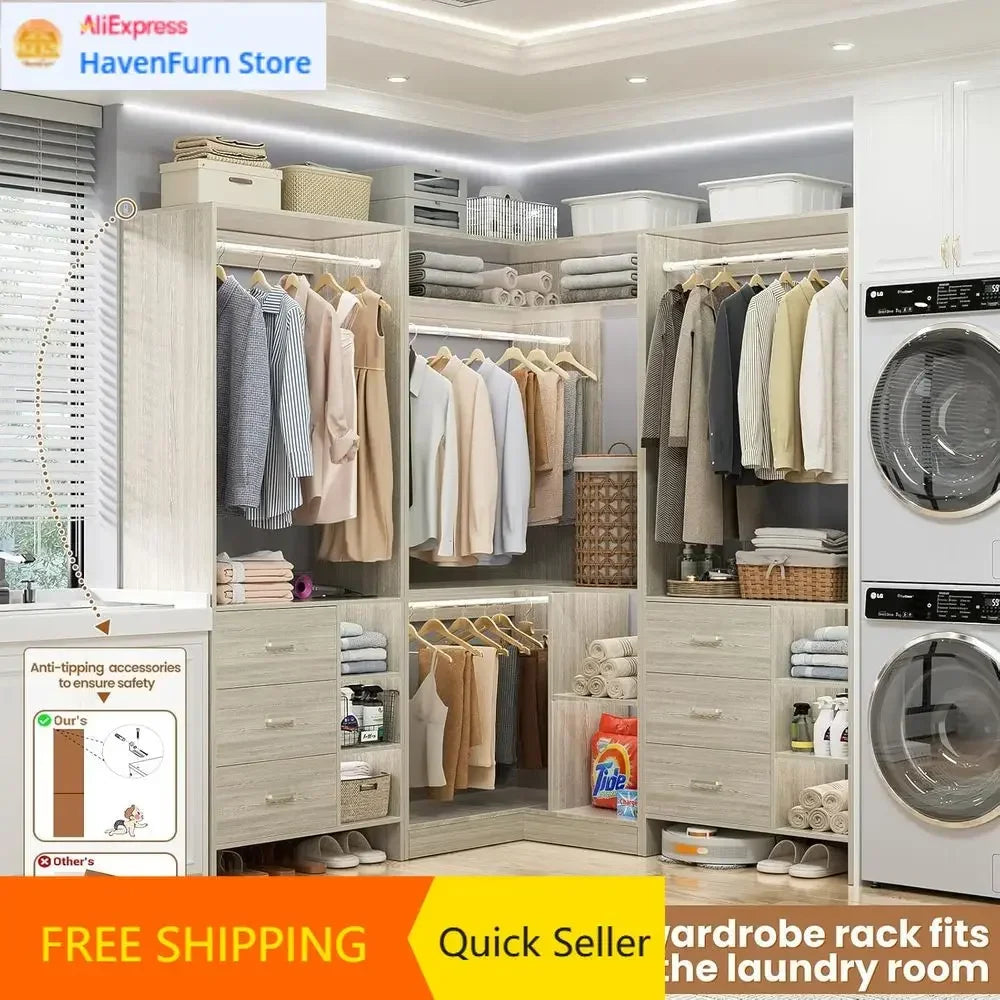 6-Drawer L-Shaped Walk-In Closet Organizer With Tower