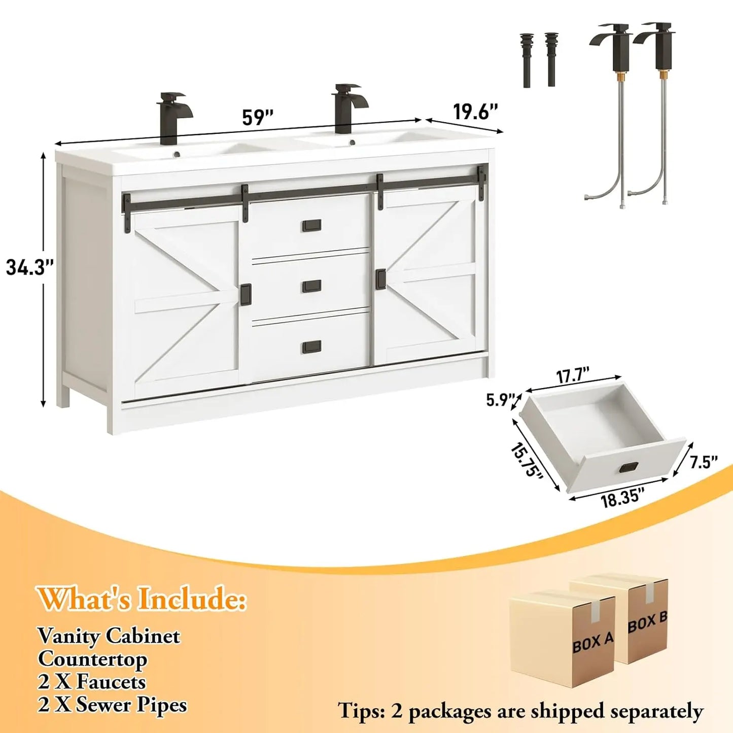 Double Farmhouse Bathroom Vanity Cabinet With Sink And Faucet
