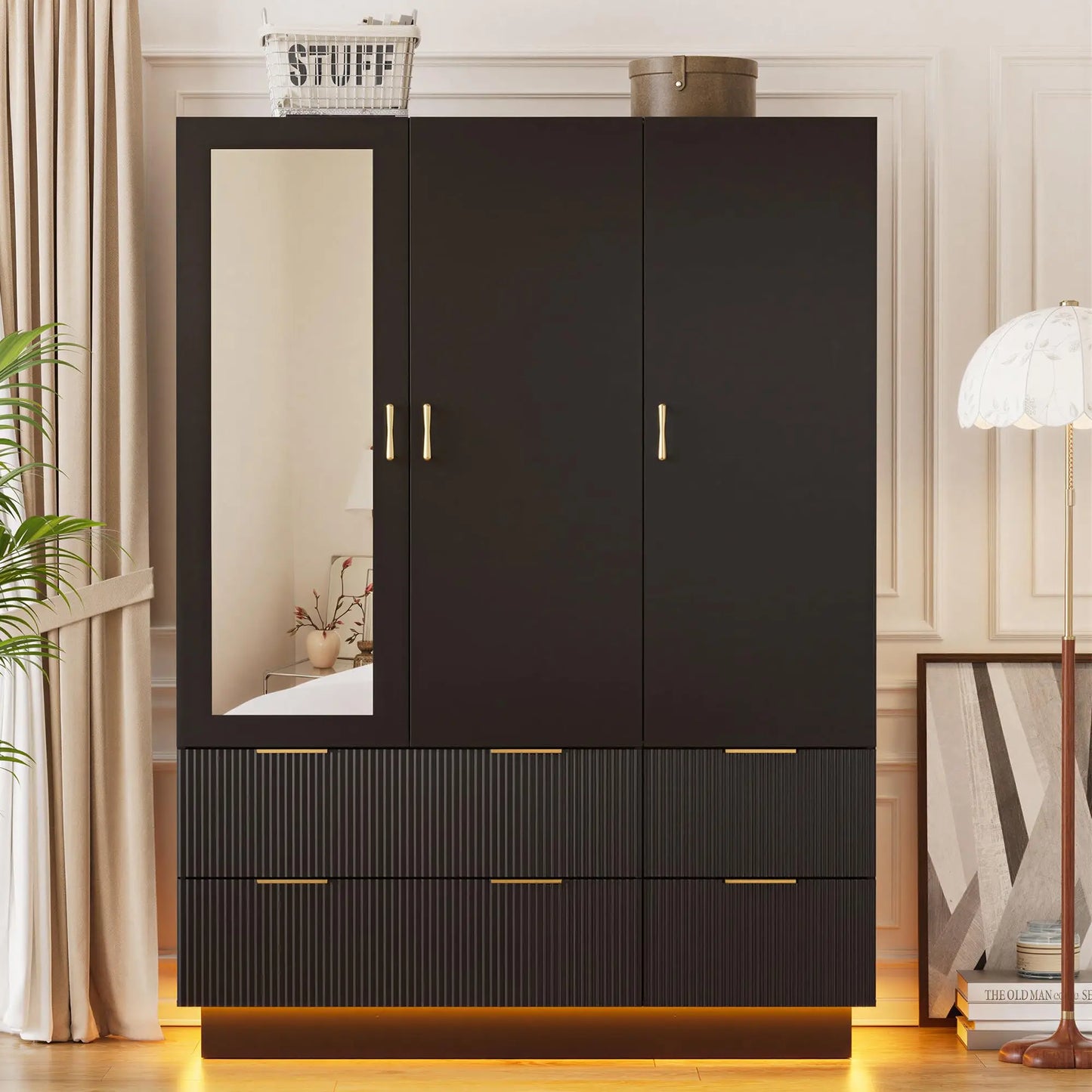 Armoire Wardrobe With Drawers Mirror LED Light Hanging Rod