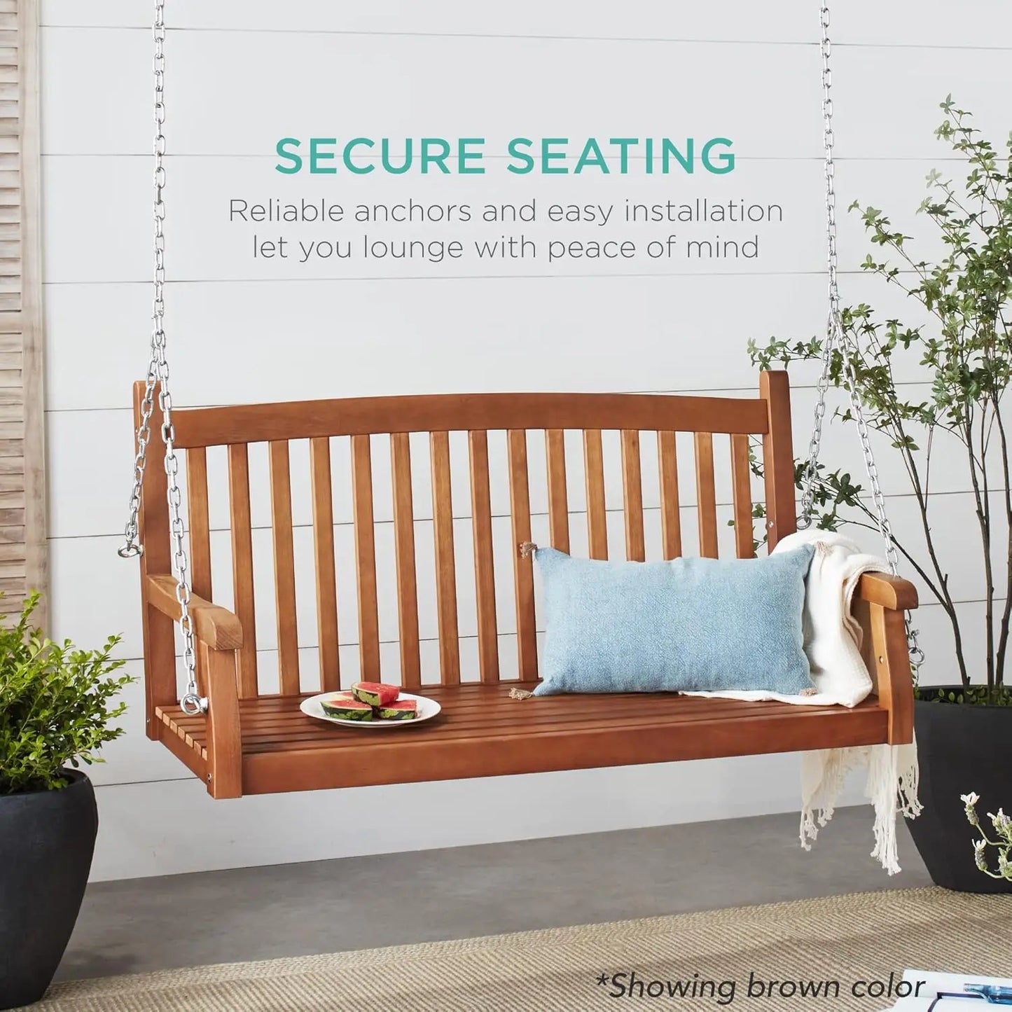Acacia Wood Curved Porch Swing with Chains for Outdoor Patio